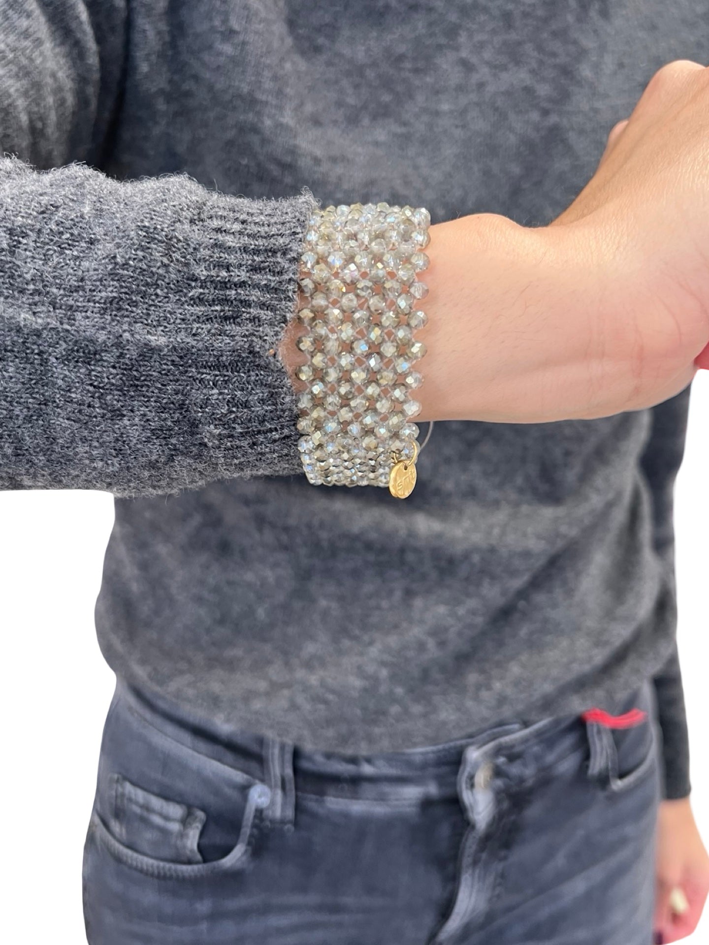 Pulsera Il Baco Da Seta Cristales Elastica Gris Claro