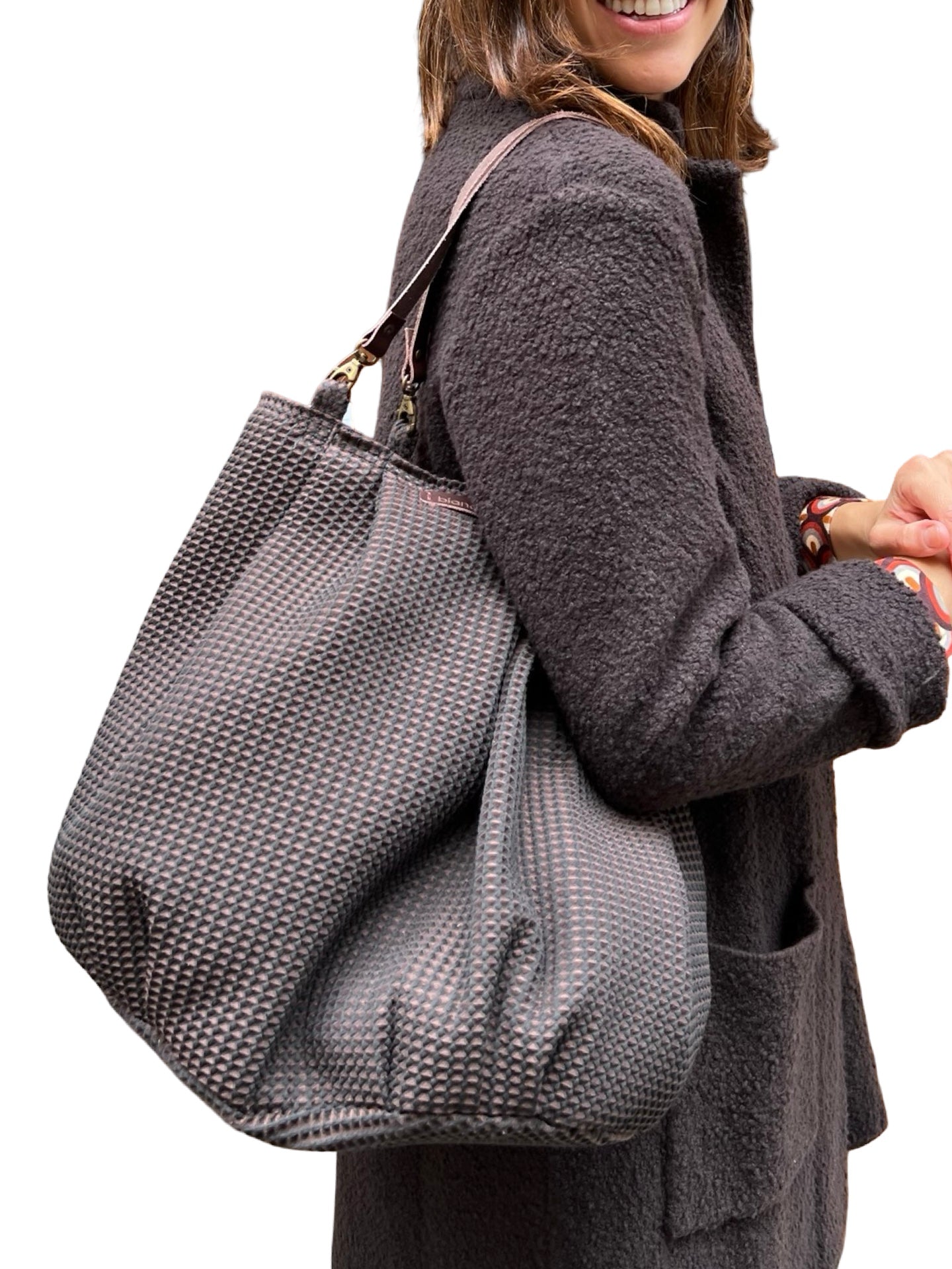 Bolso Biancas Saco Tela Rombos Pequeños Marrón