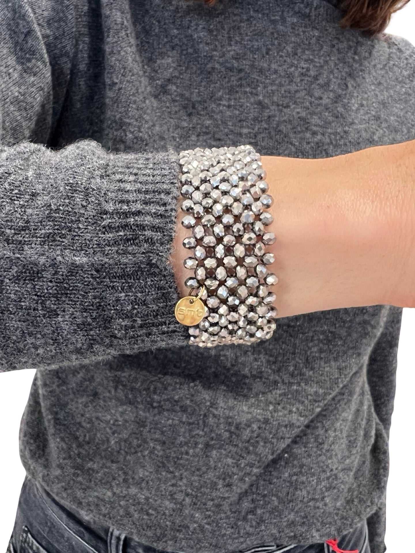 Pulsera Il Baco Da Seta Cristales Elastica Gris Oscuro