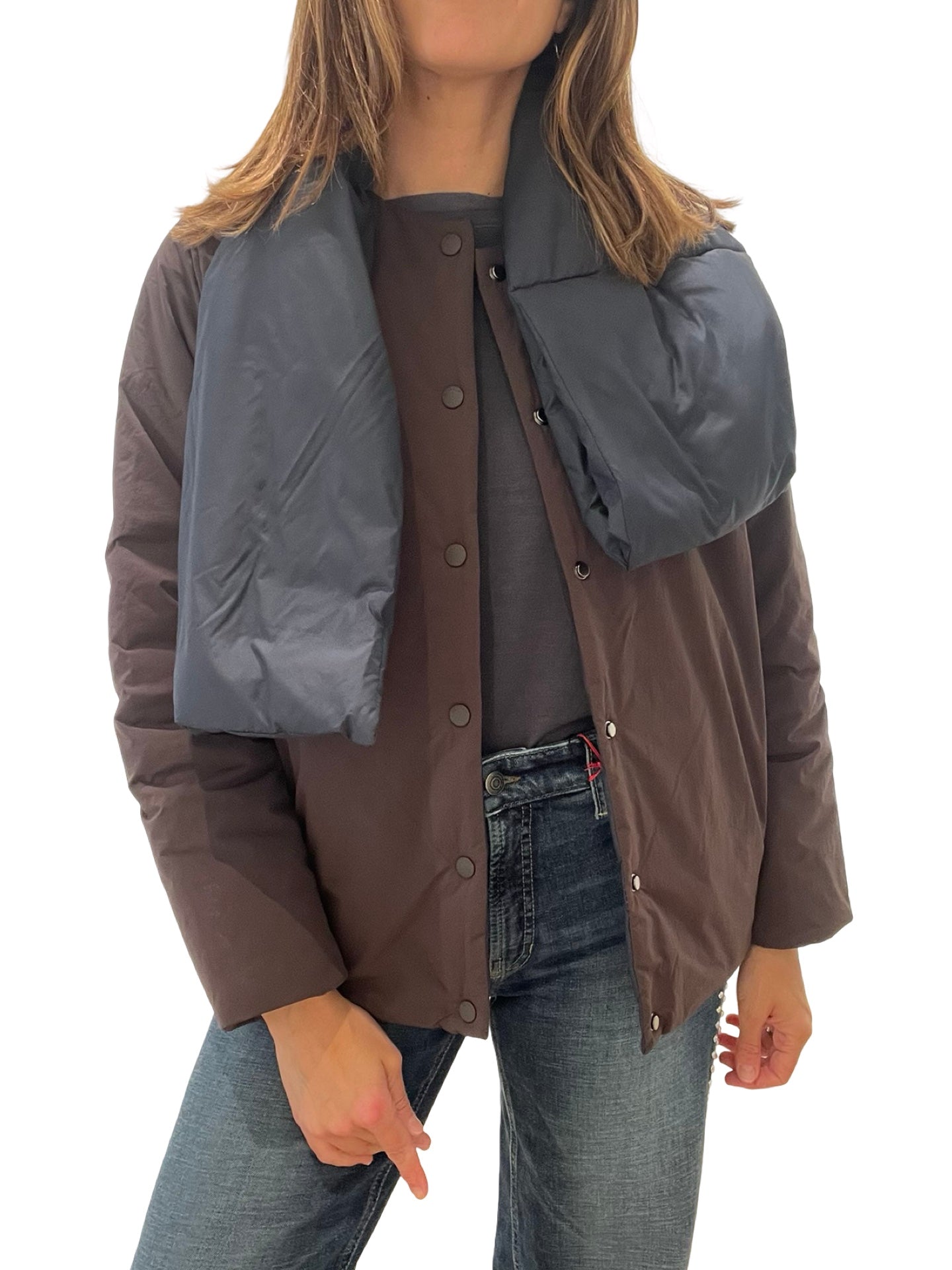 Chaqueta Ecoalf Plumas Bufanda Chocolate Reversible.