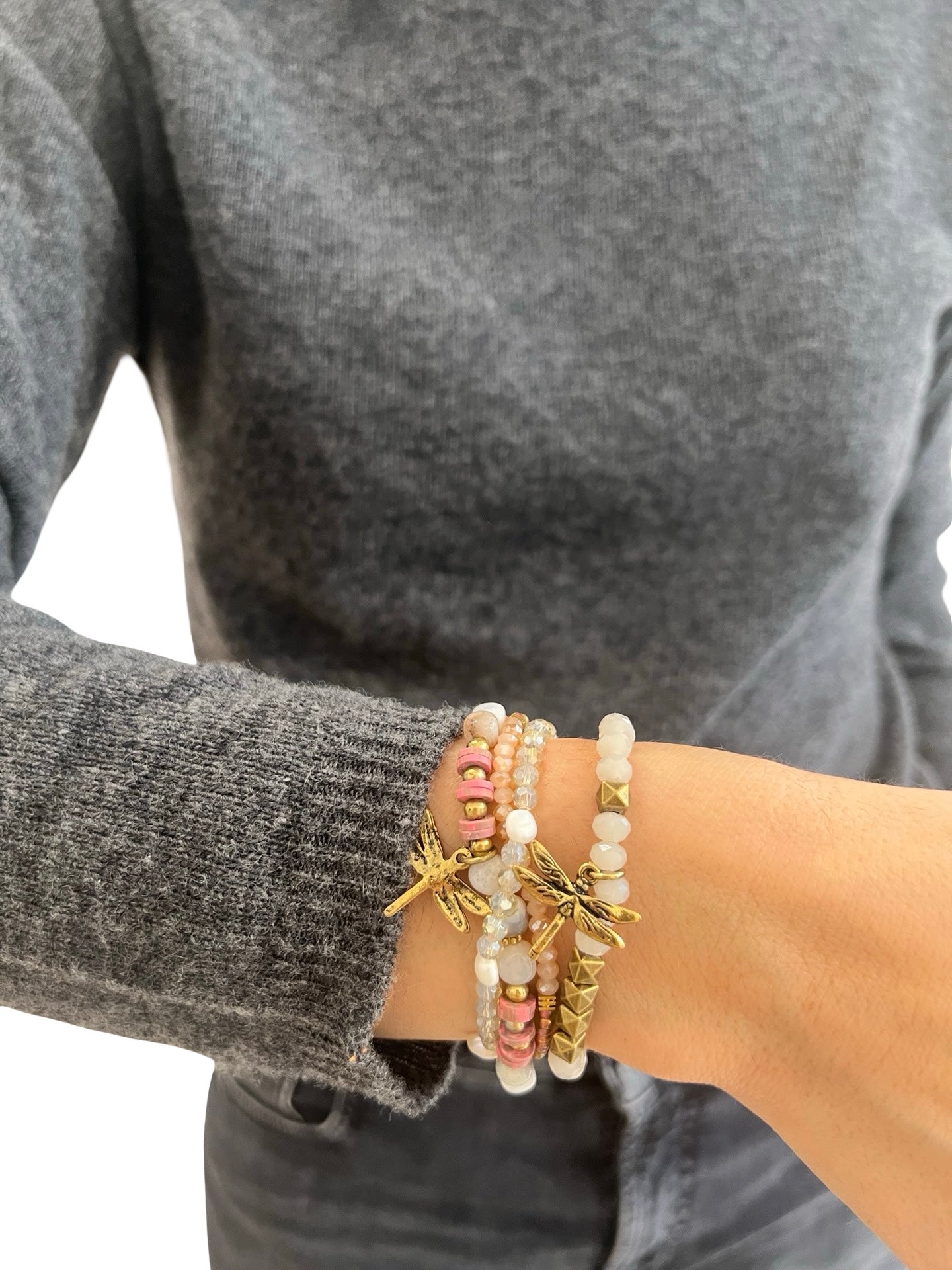 Pulsera Il Baco Da Seta 4 Tiras Piedras Libelula Rosa