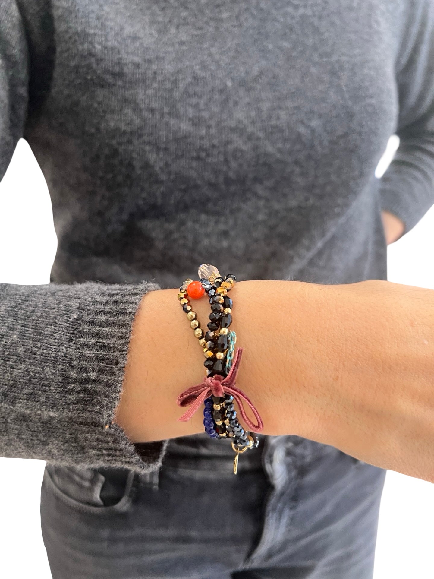 Pulsera Il Baco Da Seta 4 Tiras Piedras Negro y Azul