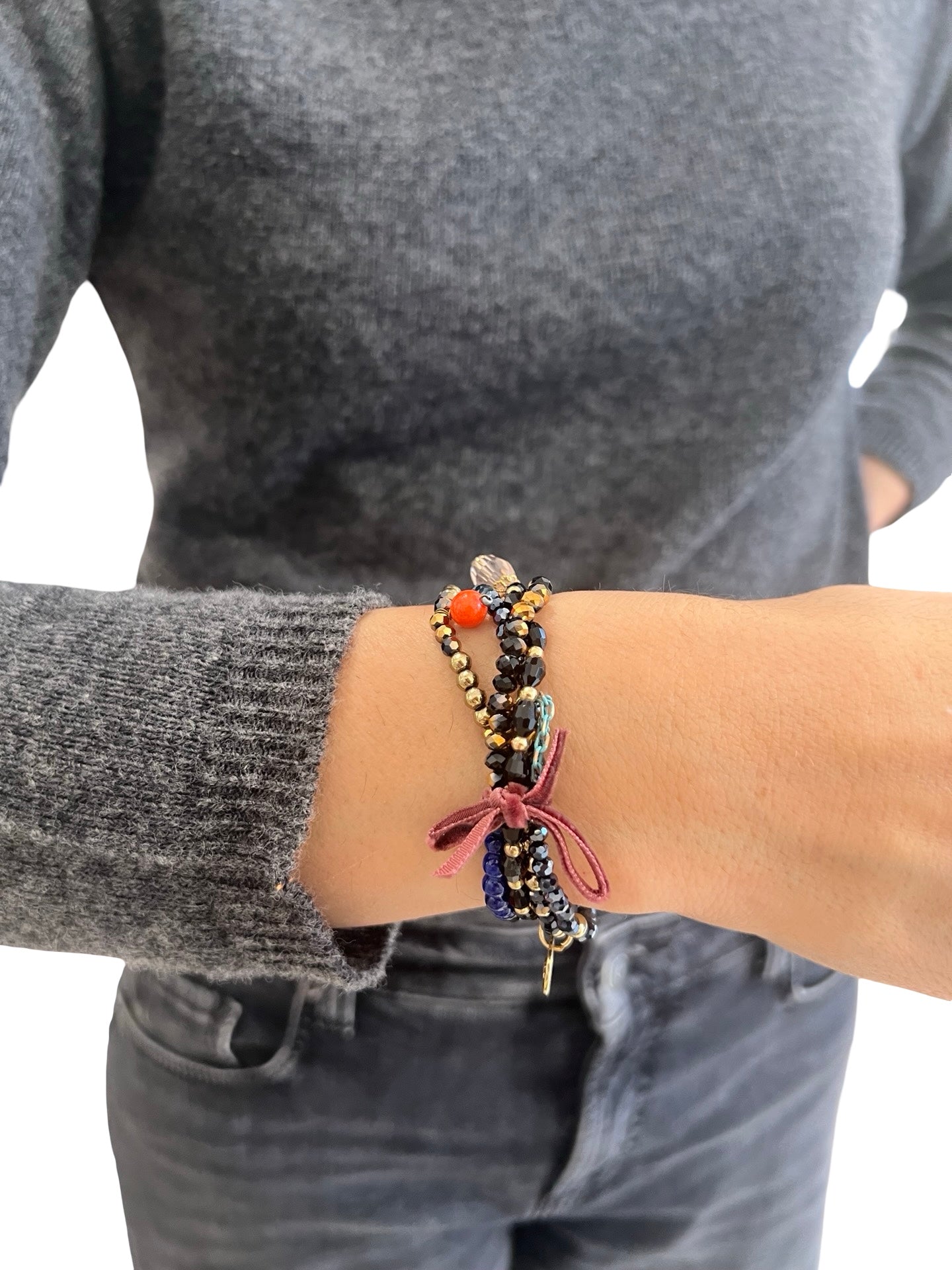 Pulsera Il Baco Da Seta 4 Tiras Piedras Negro y Azul