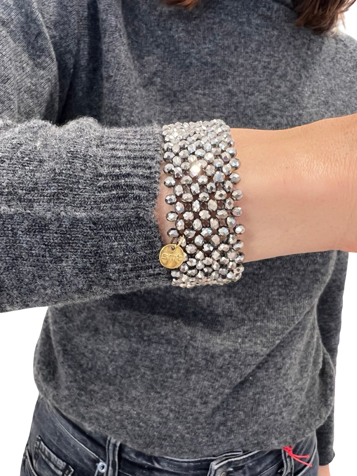 Pulsera Il Baco Da Seta Cristales Elastica Gris Oscuro