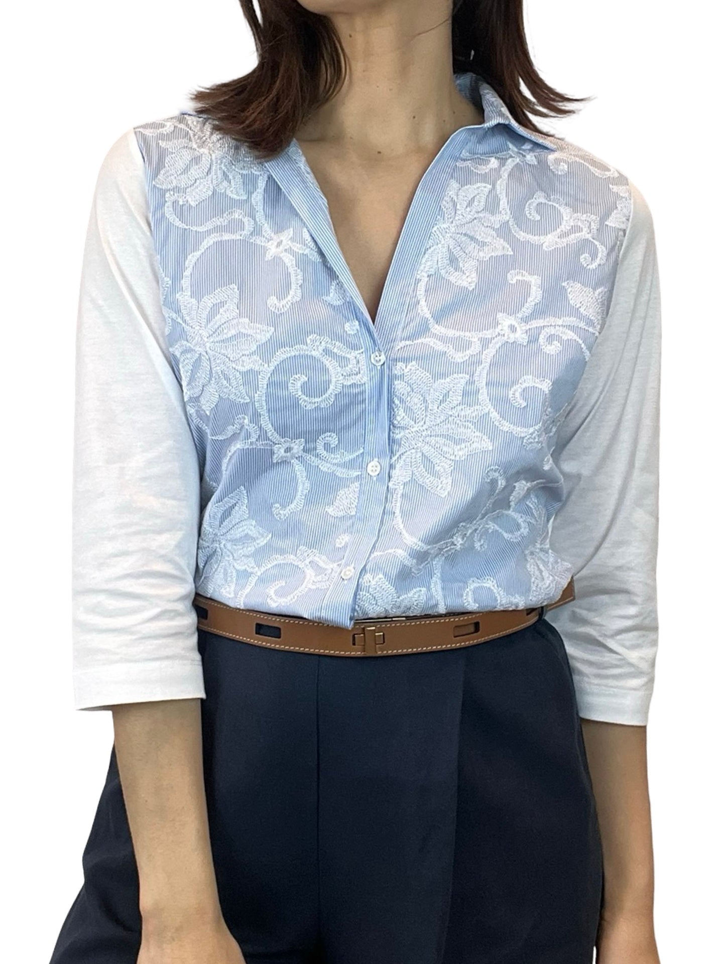 Whyci Milano Striped Embroidered French Sleeve Shirt