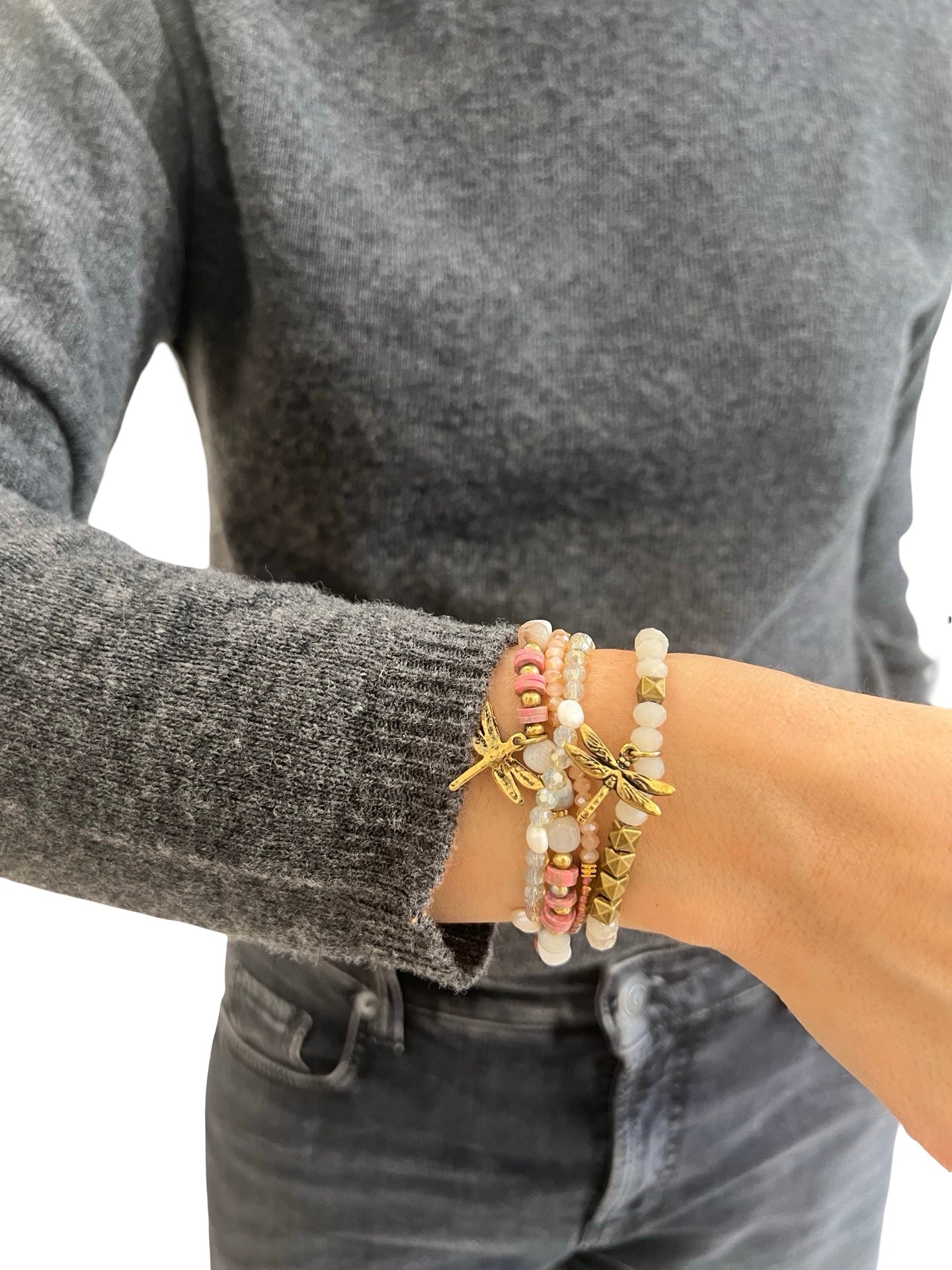 Pulsera Il Baco Da Seta 4 Tiras Piedras Libelula Rosa