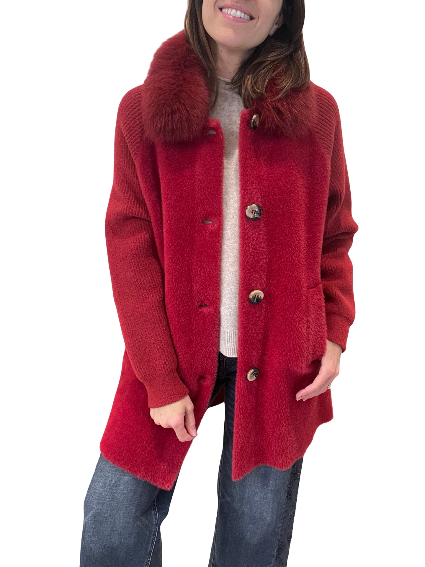 Cappotto VLab lavorato a maglia con collo in pelliccia