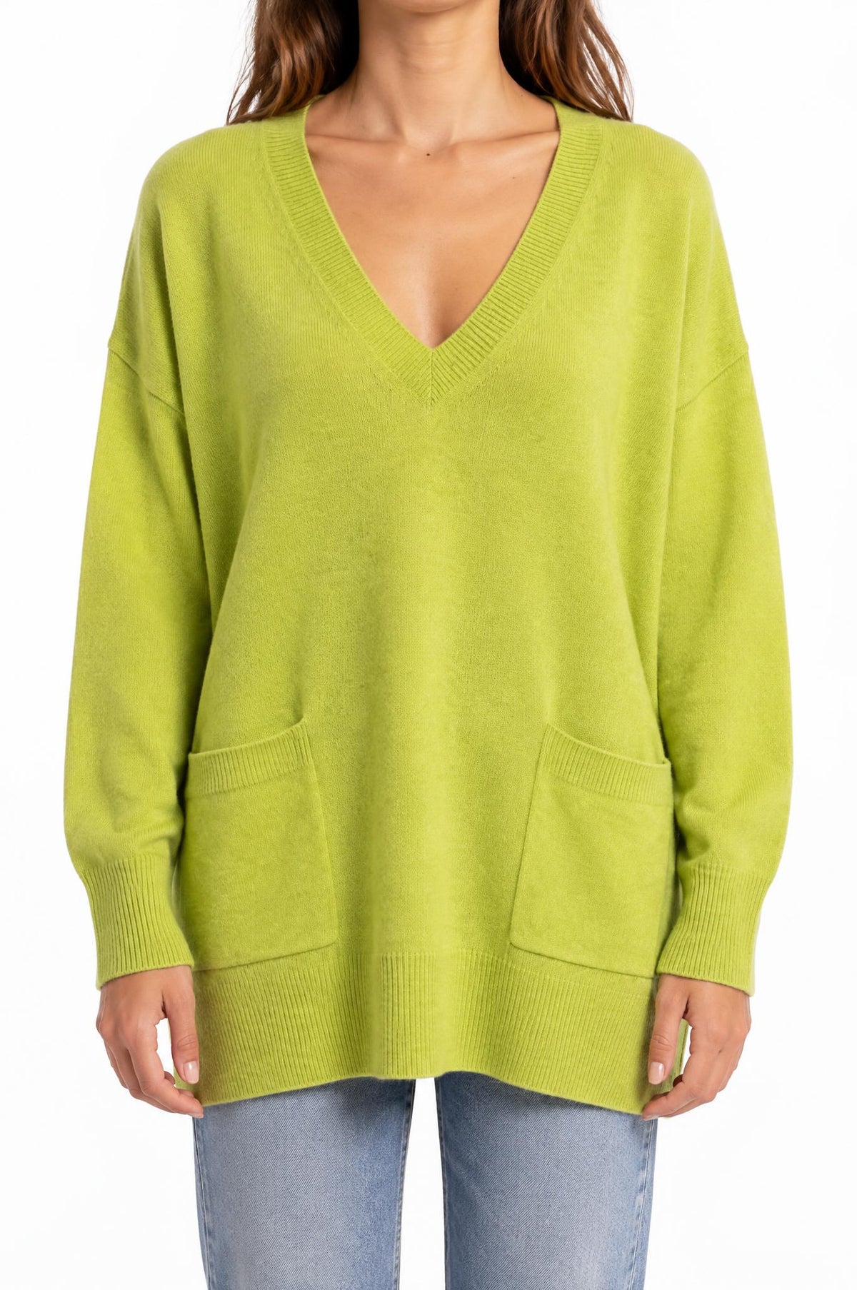 Jersey Solocasmir Pico Bolsillos Verde Acido