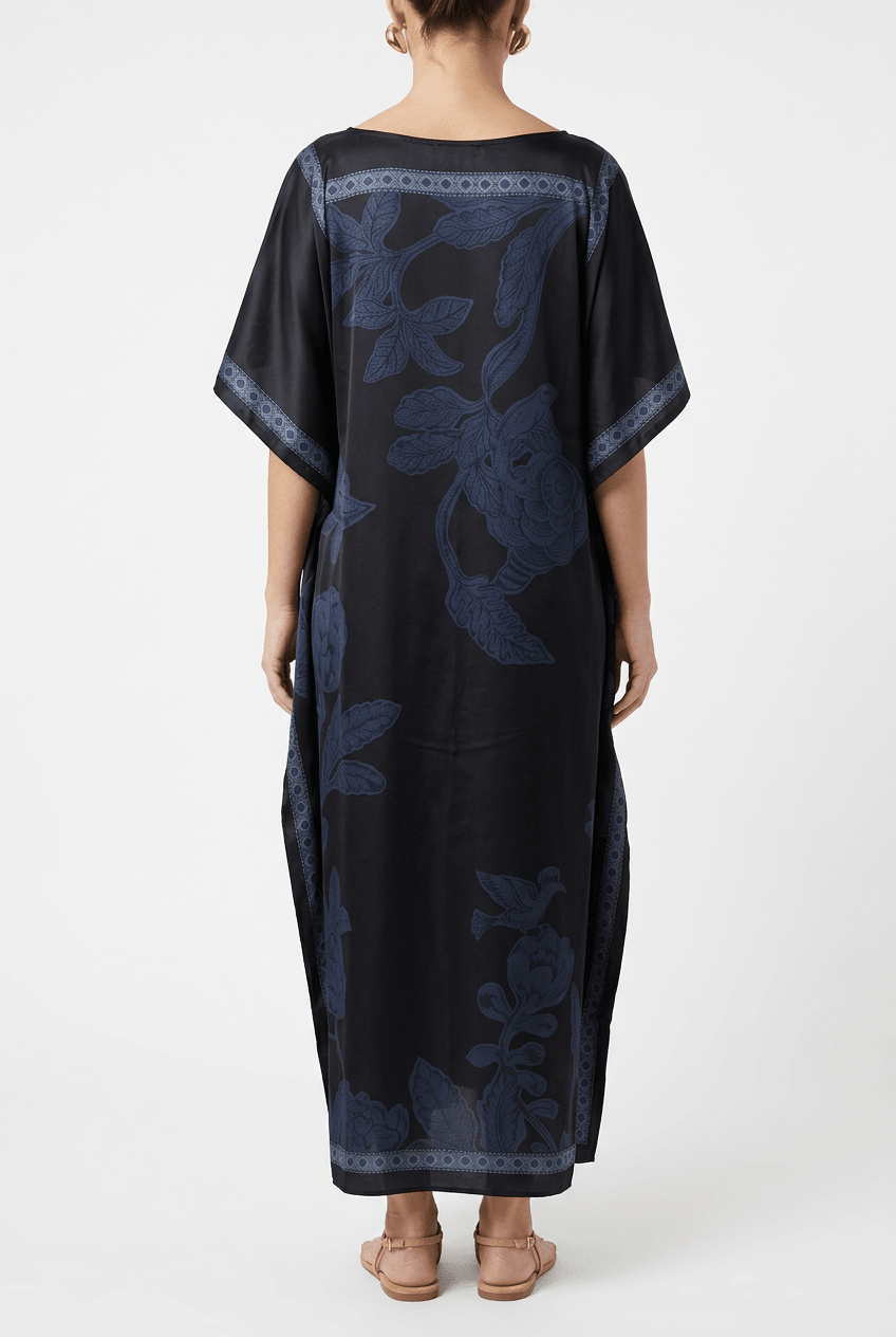 Barbieri Long Kaftan with Diamonds and Navy Blue Flowers