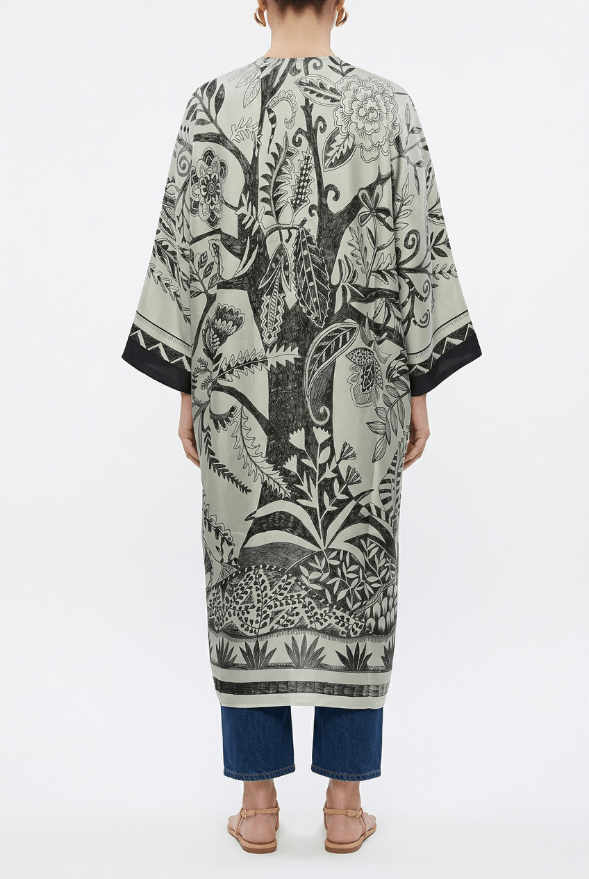 Barbieri Long kimono gris clair à imprimé arbre