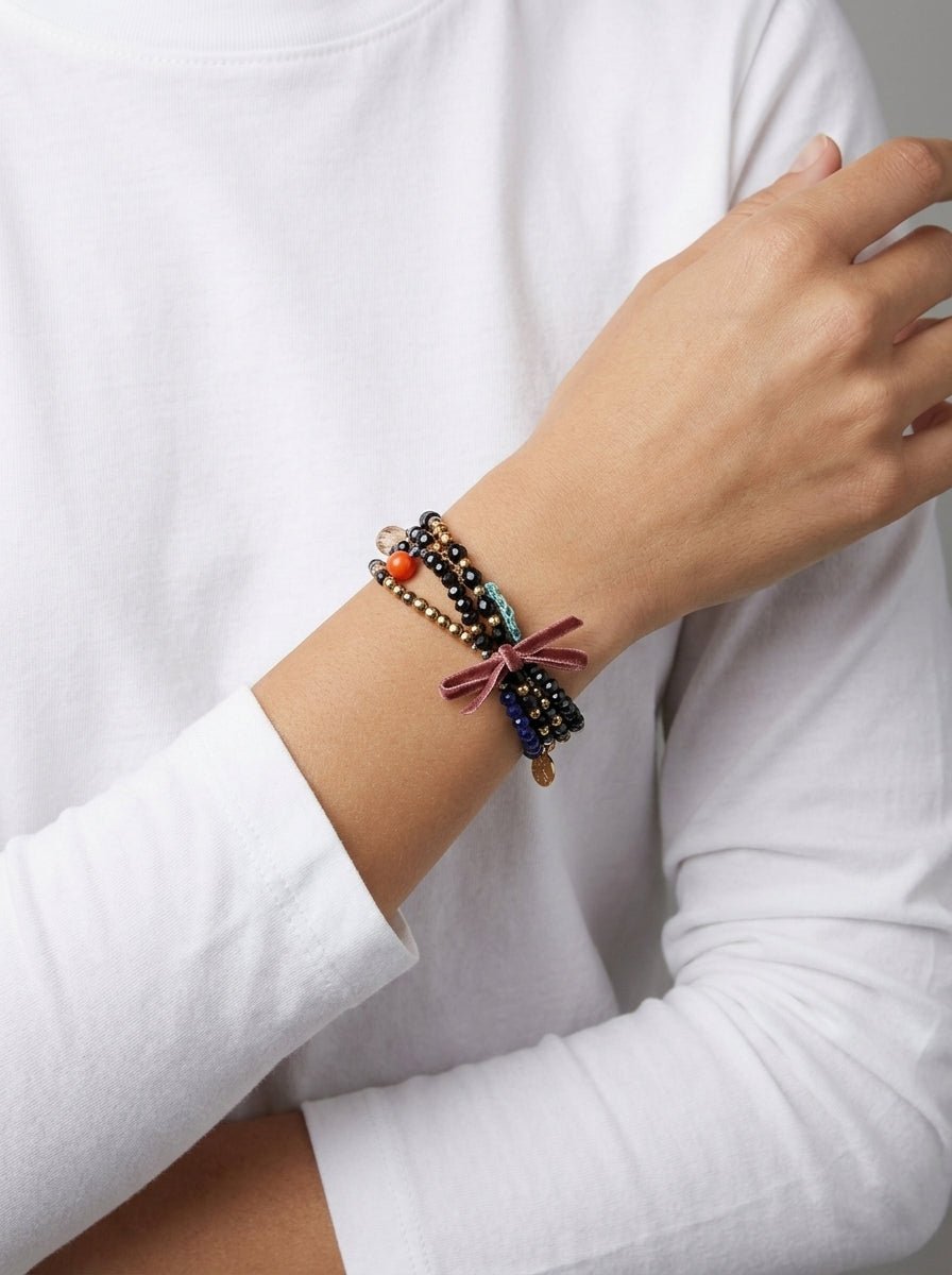 Bracelet Il Baco Da Seta 4 Strips Black and Blue Stones