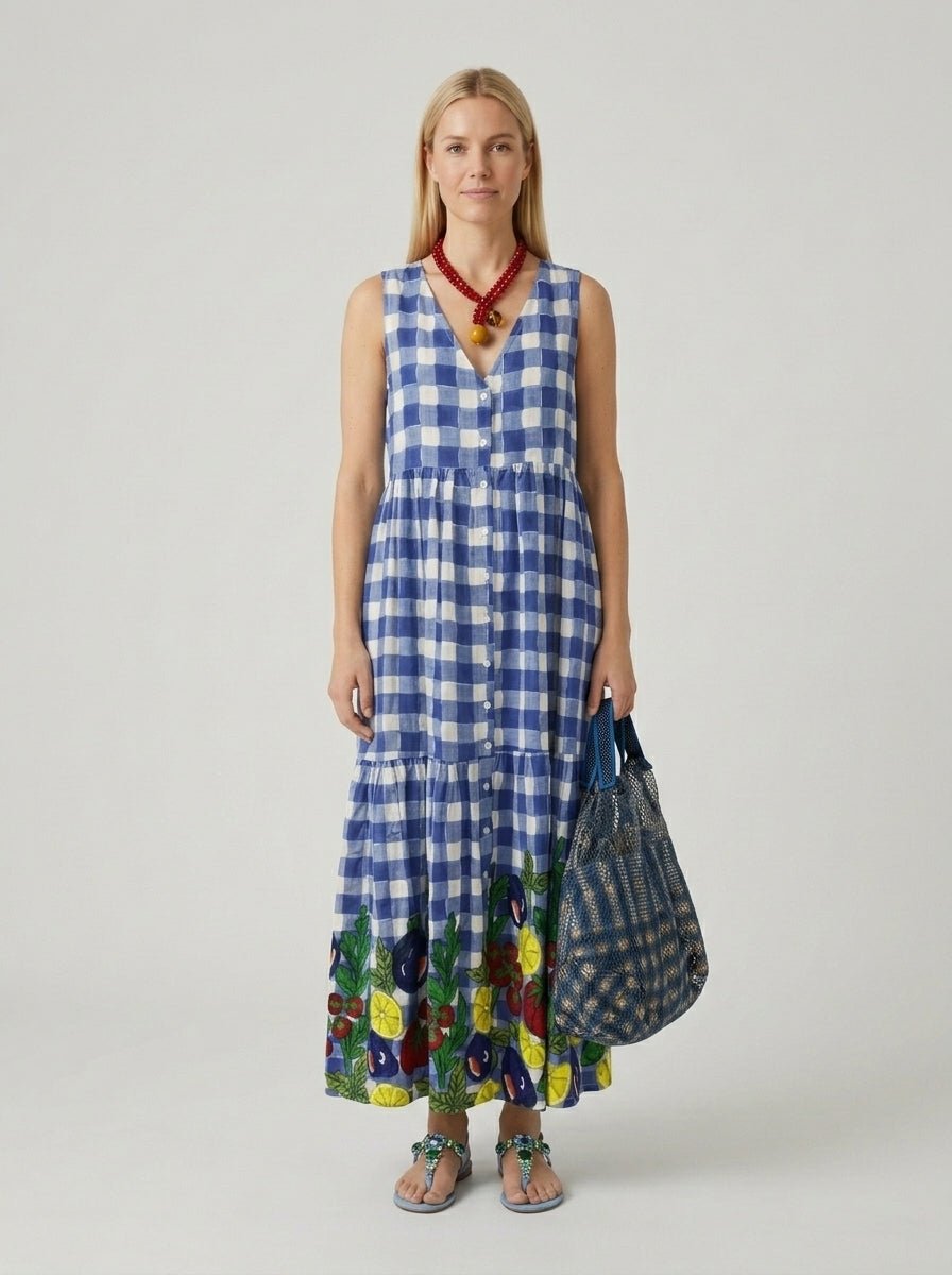 Vestido Xiwikj Chiara Bordado Cuadros Azul