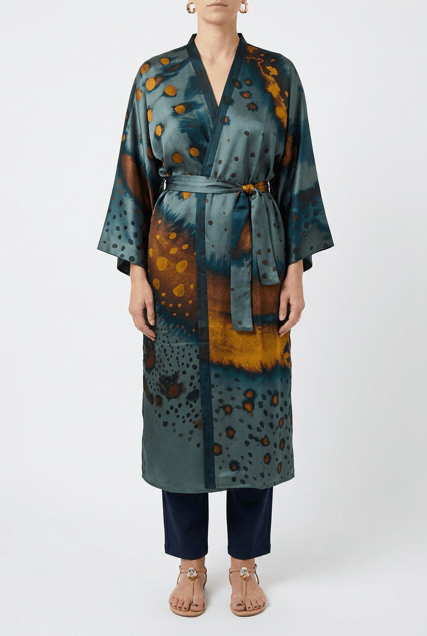 Kimono Lungo Barbieri con Stampa Righe Grigie e Macchioline