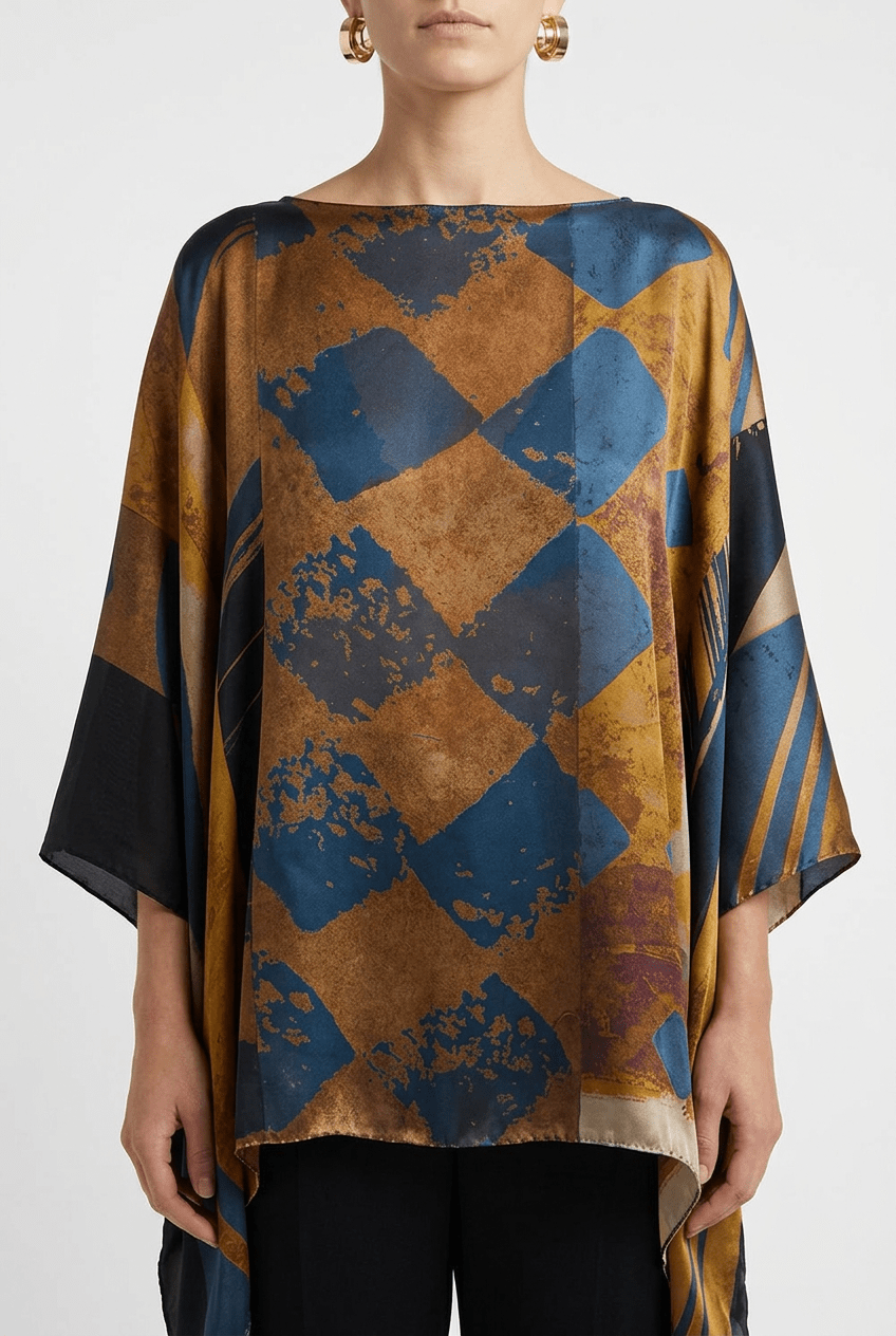 Blusa Barbieri Seda Estampado Geométrico Azul Marino