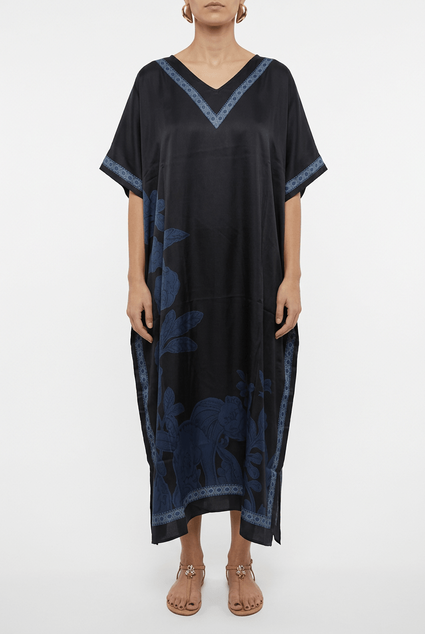 Barbieri Long Kaftan with Diamonds and Navy Blue Flowers