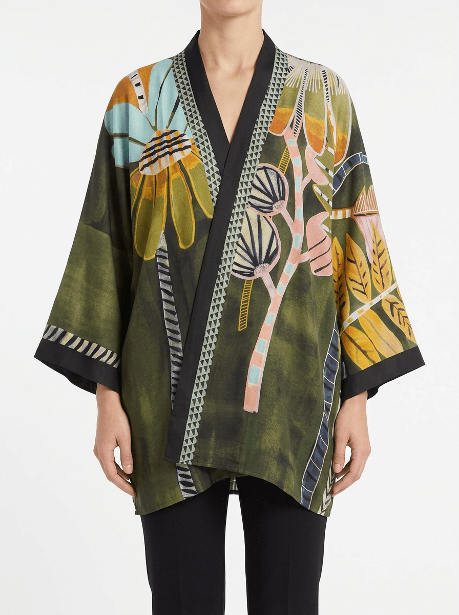 Kimono Barbieri Corto Estampado Flor Verde