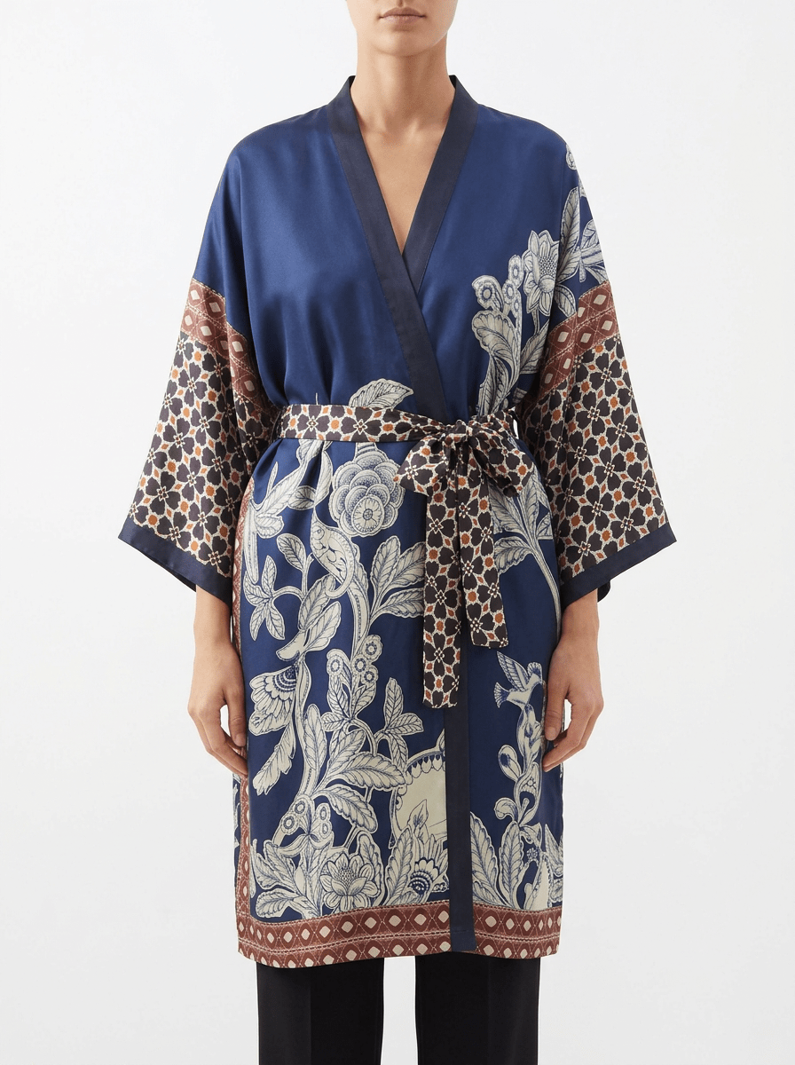 Kimono Barbieri Largo Estampado Flor y Elefante Azul