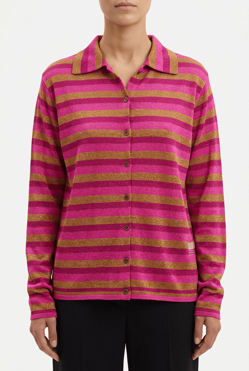 Cardigan Piano Polo Rigato Lurex Fucsia