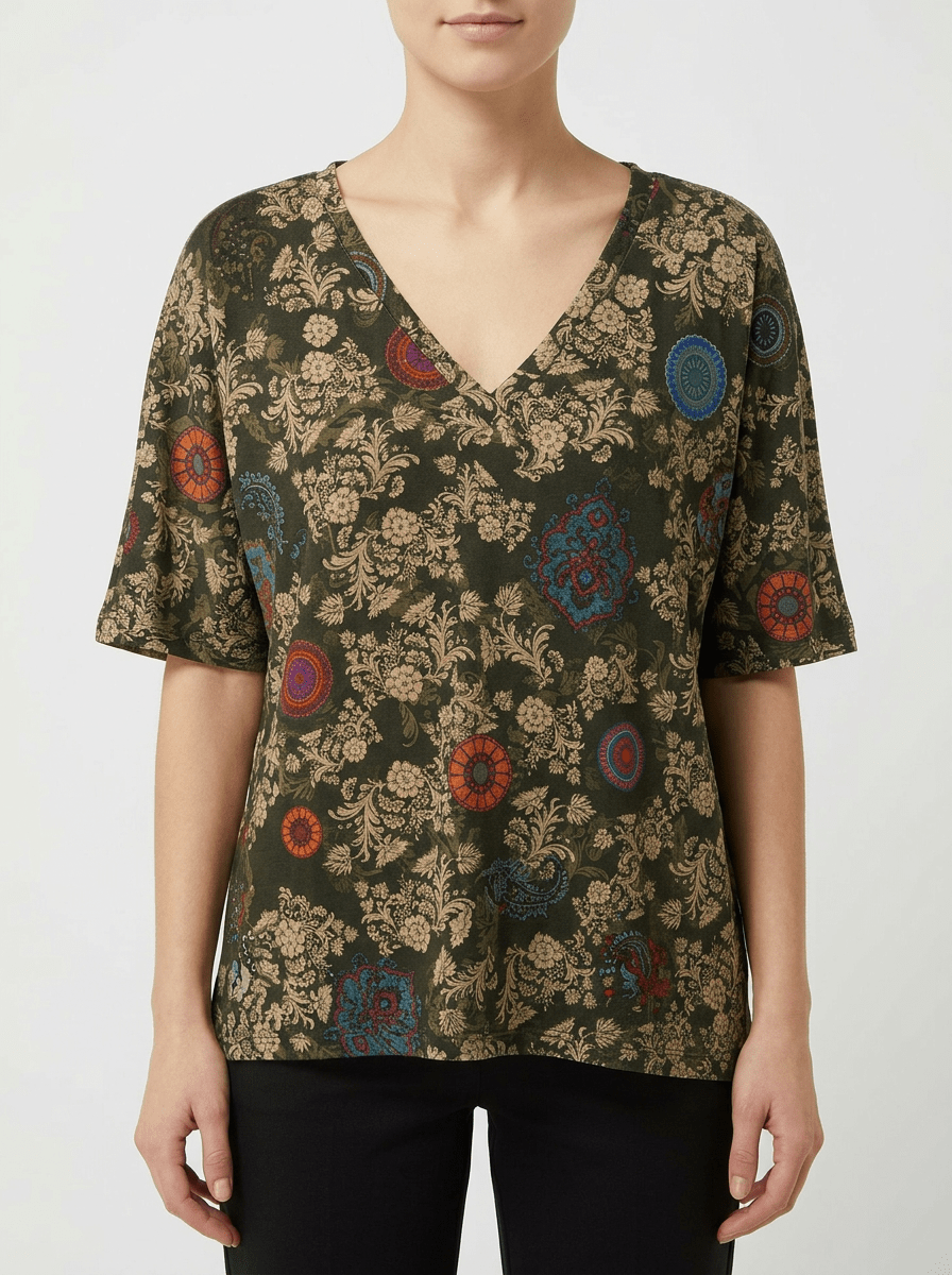 Camiseta Agoefilo Estampado Flores Caqui