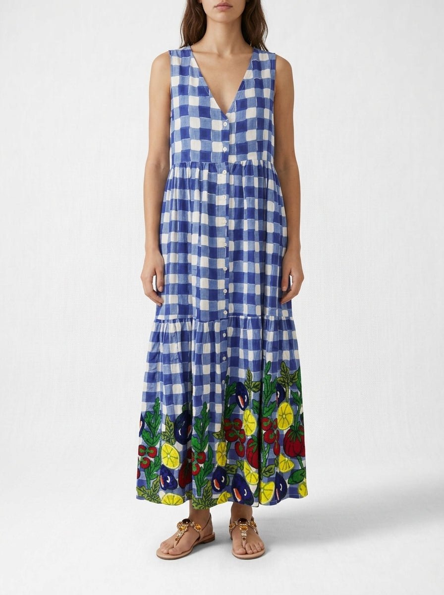 Vestido Xiwikj Chiara Bordado Cuadros Azul