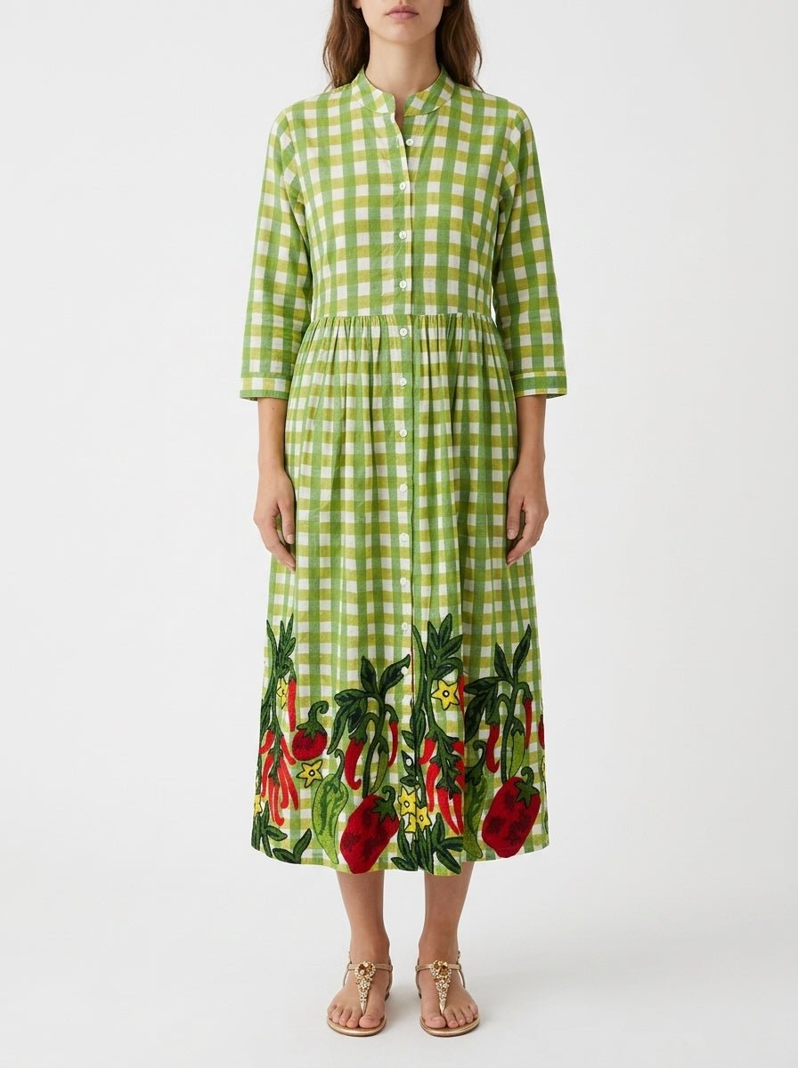 Vestido Xiwikj Bordado Cuadros Verde
