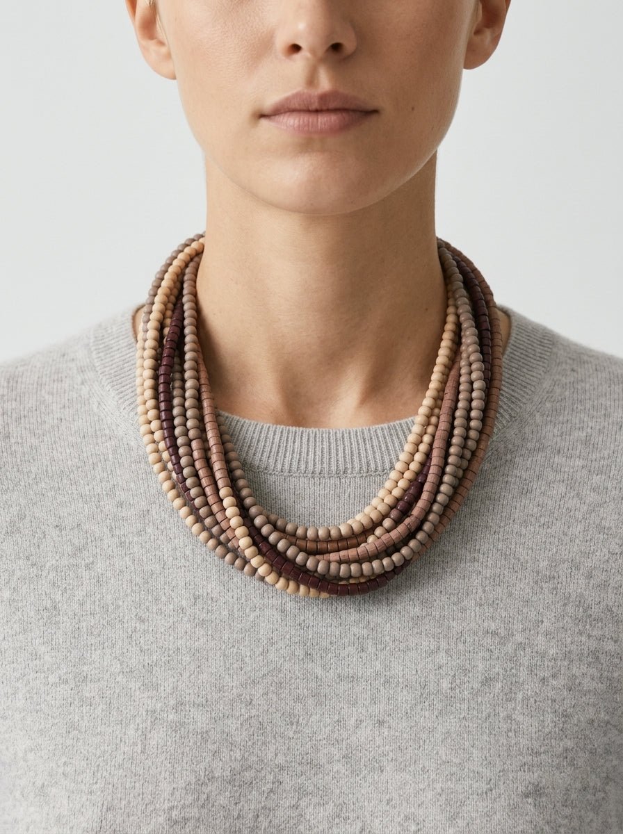 Collar Il Baco Da Seta Largo Bolitas Madera Granate