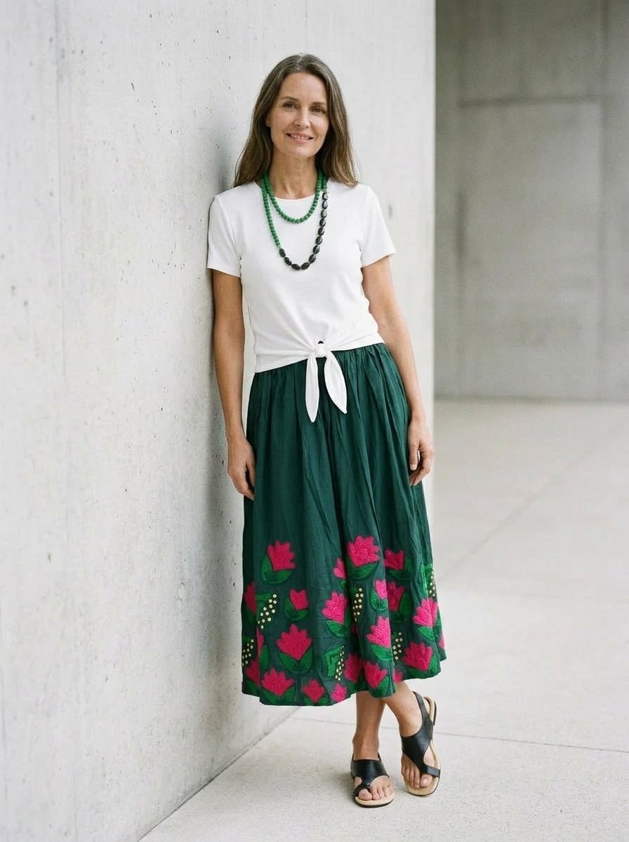 Falda Xiwikj Jessica Bordada Verde Botella