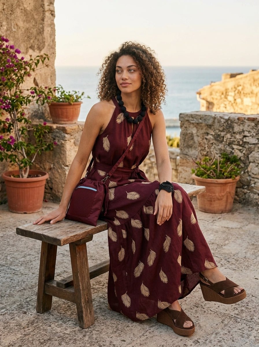 Vestido Paisie Bordado Burdeos