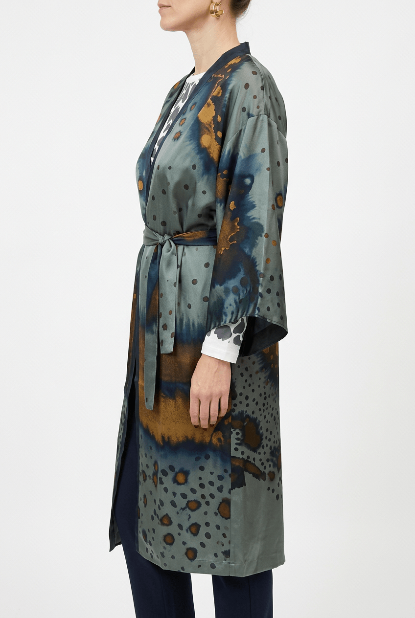 Kimono Lungo Barbieri con Stampa Righe Grigie e Macchioline