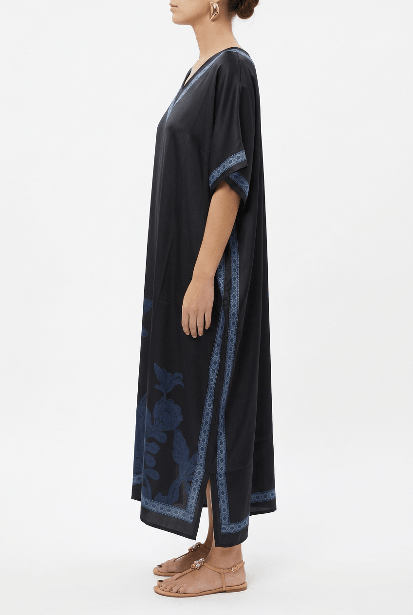Barbieri Long Kaftan with Diamonds and Navy Blue Flowers