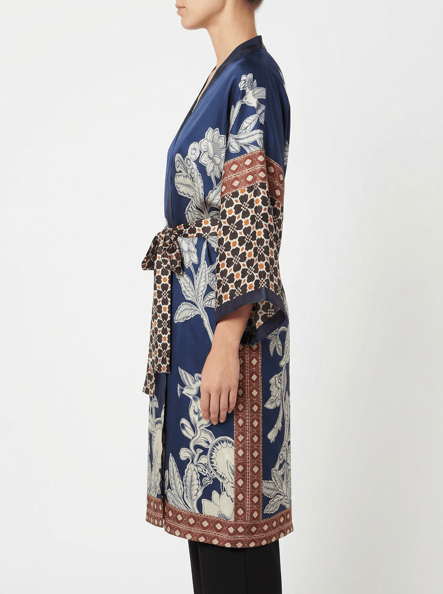 Kimono Barbieri Largo Estampado Flor y Elefante Azul