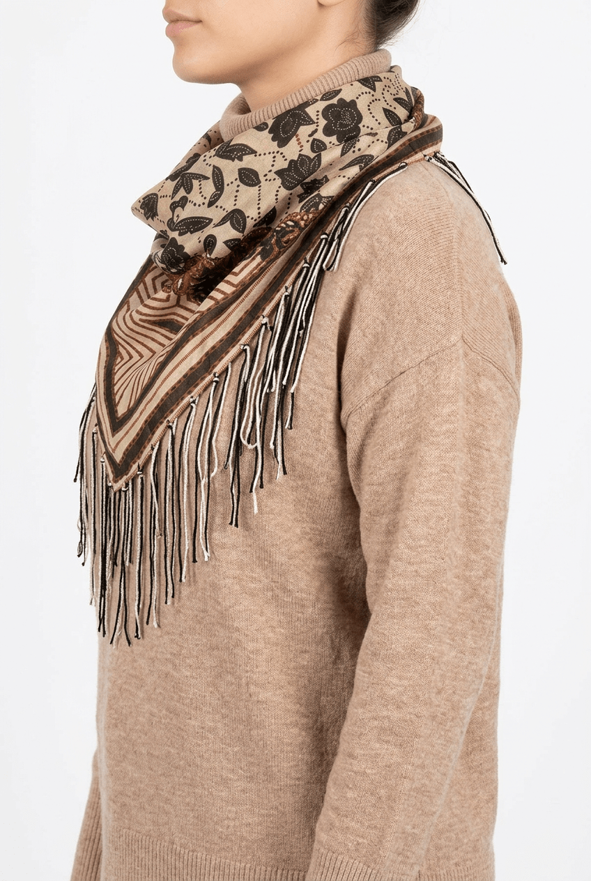 Écharpe Diega Fareo à imprimé fleurs à franges marron