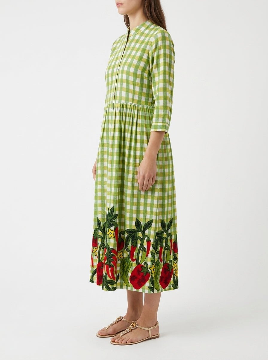 Vestido Xiwikj Bordado Cuadros Verde
