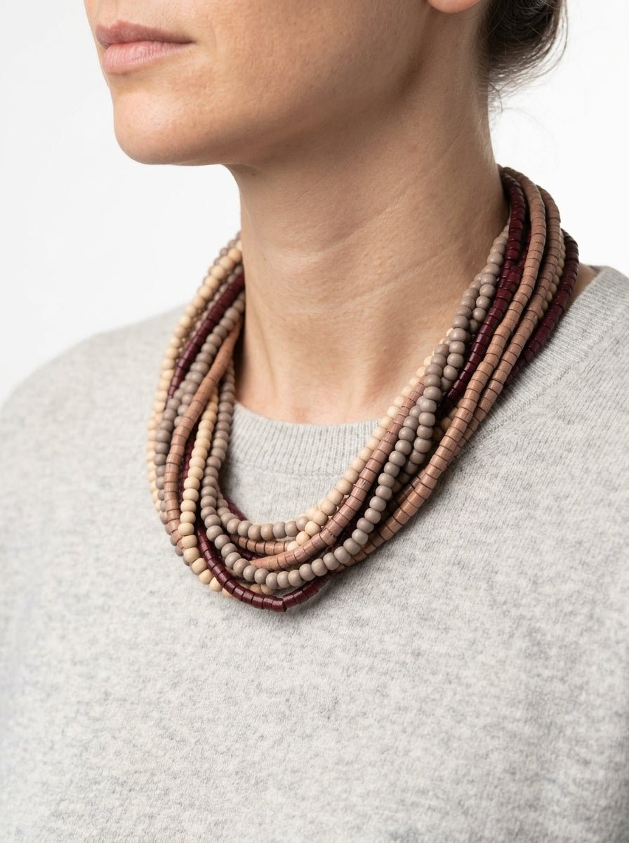 Collar Il Baco Da Seta Largo Bolitas Madera Granate