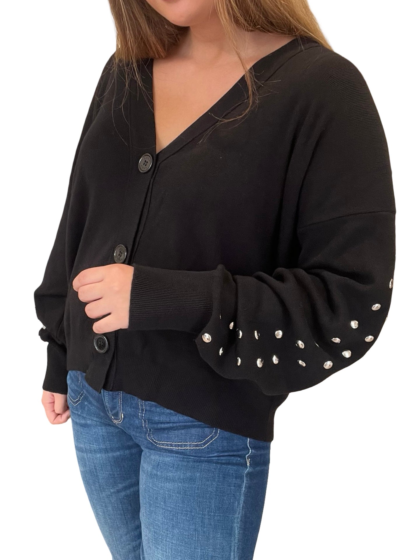 Akep Cardigan Studs Sleeves Wide V Neck