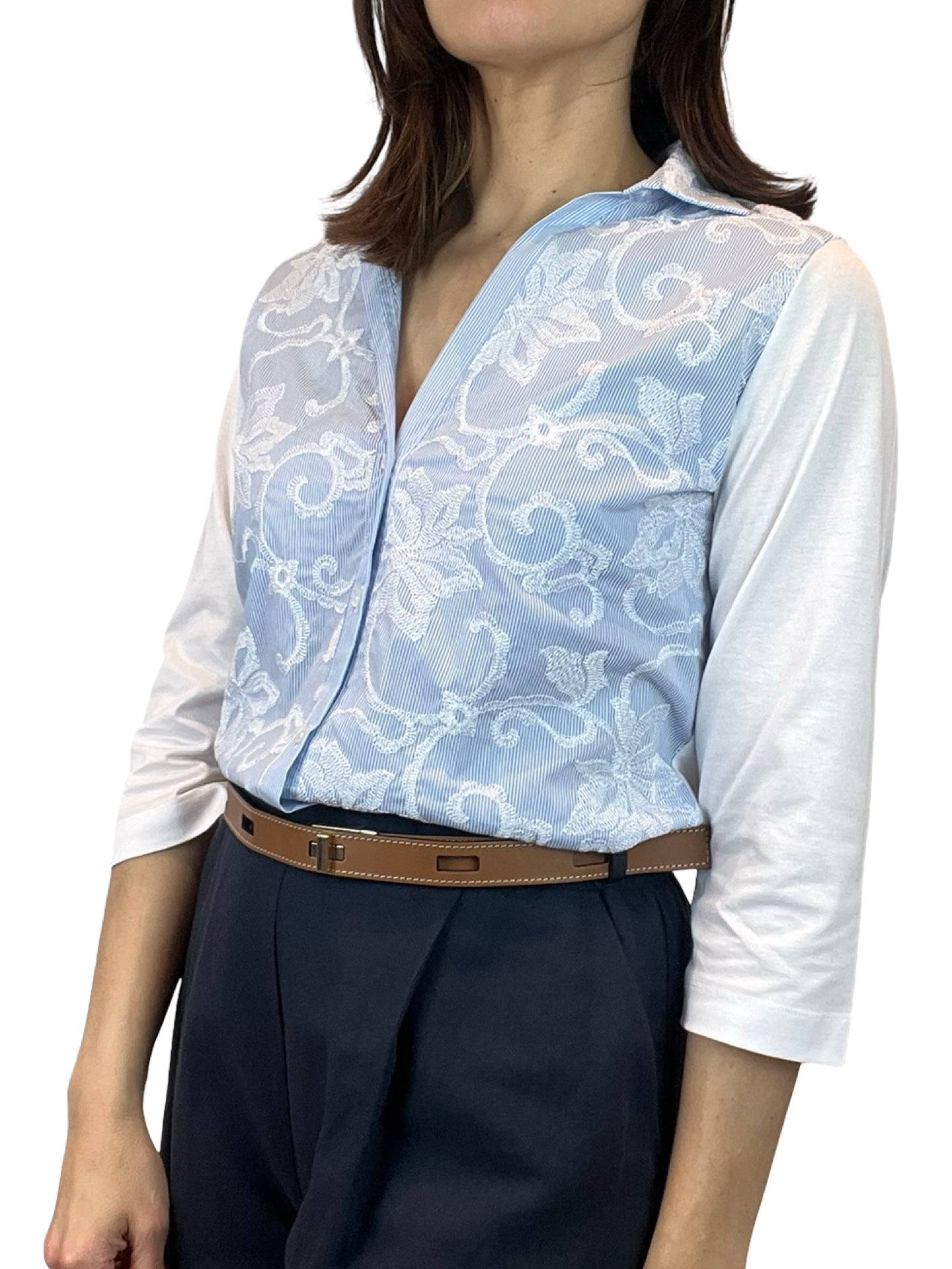 Whyci Milano Striped Embroidered French Sleeve Shirt