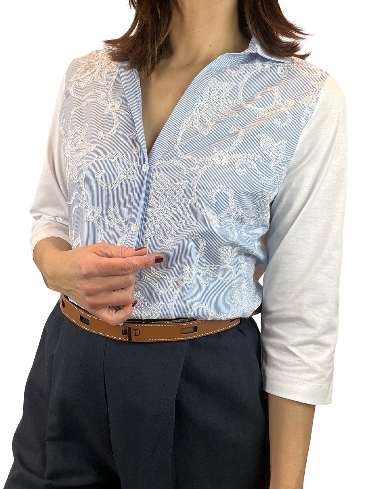 Whyci Milano Striped Embroidered French Sleeve Shirt