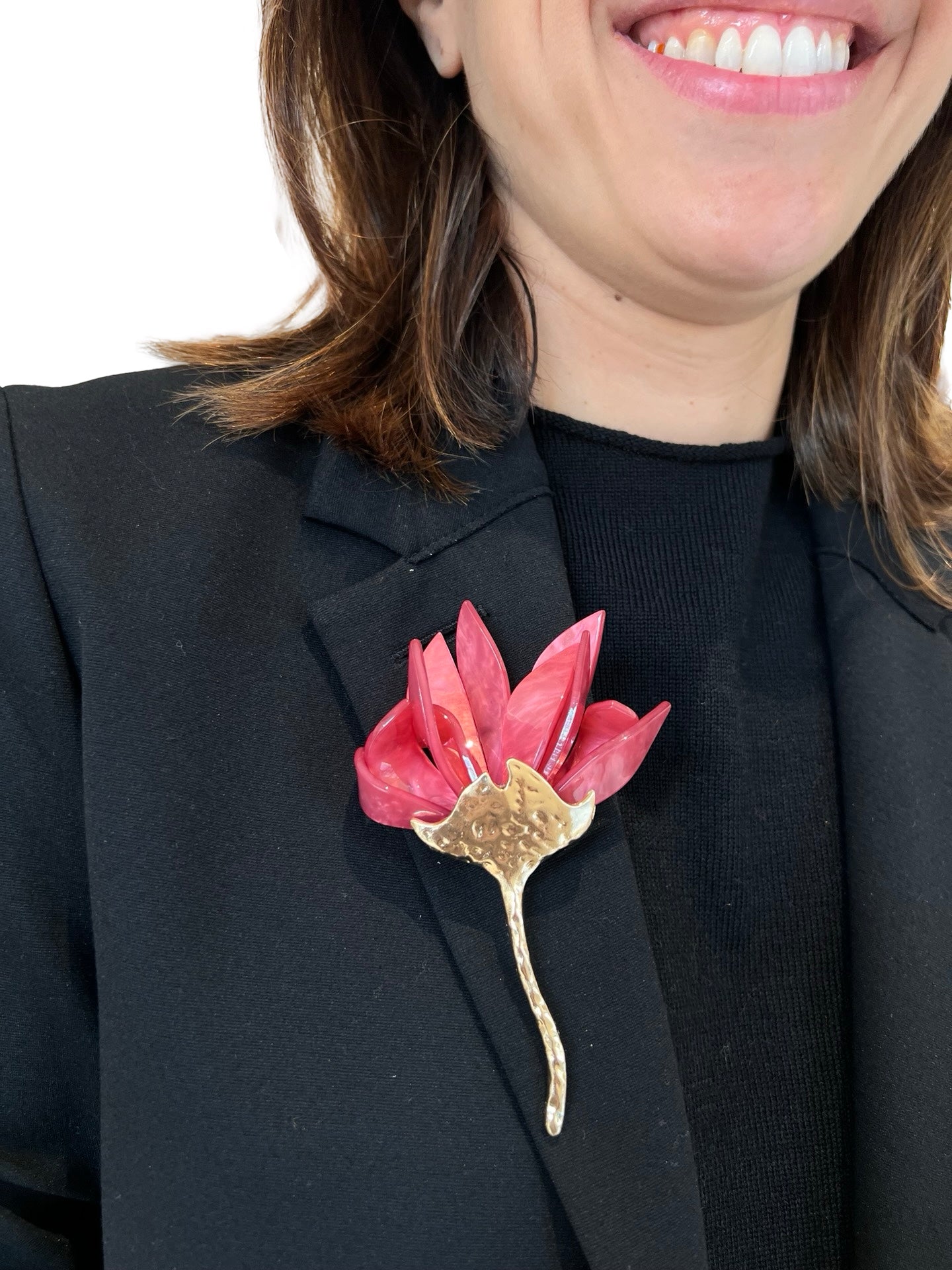 Broche Il Baco Da Seta Flor Metal Resina Rosa