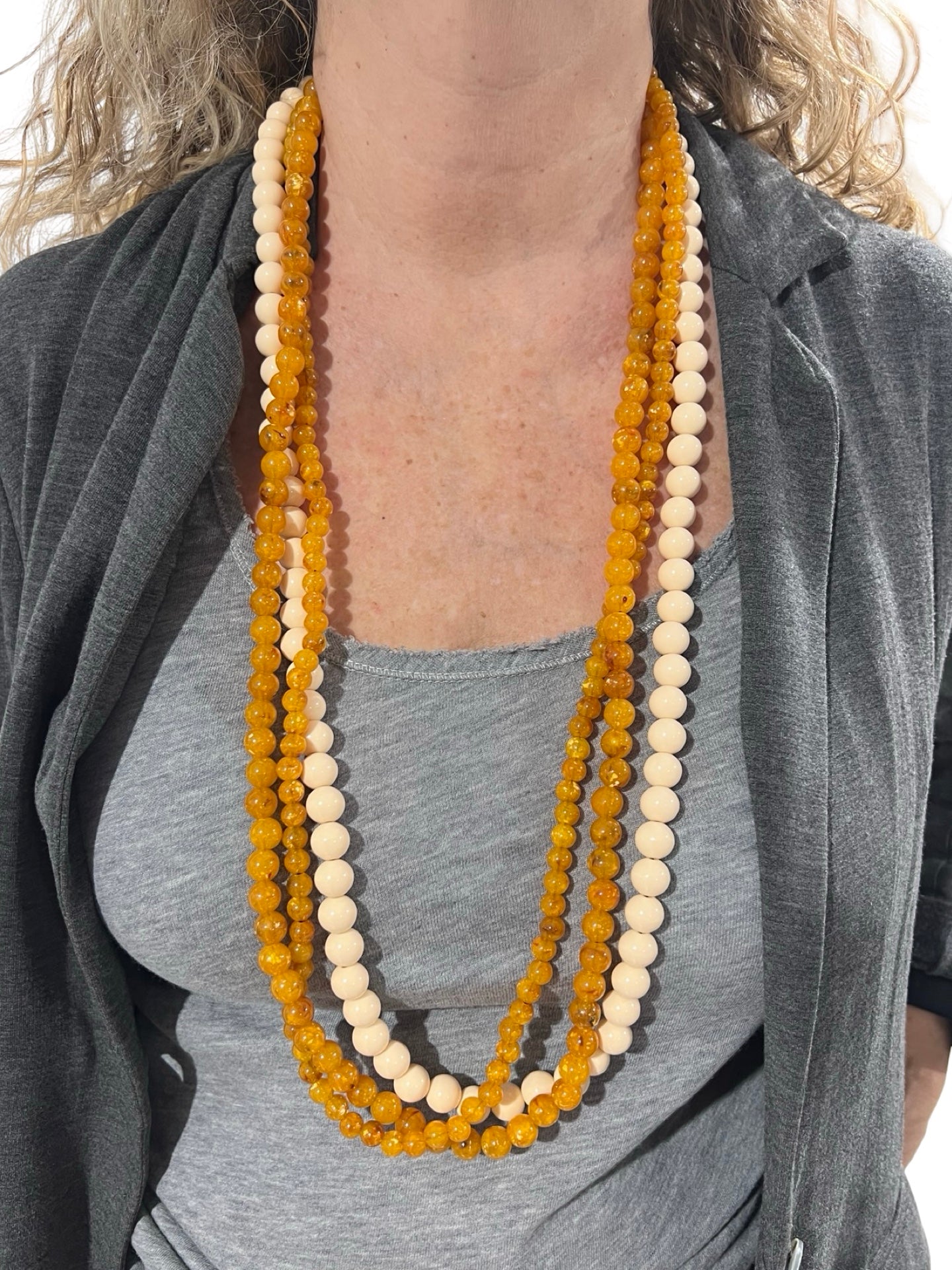 Fabrizio Marcantelli Beads Necklace 3 Bicolor Strips Ecru and Mustard