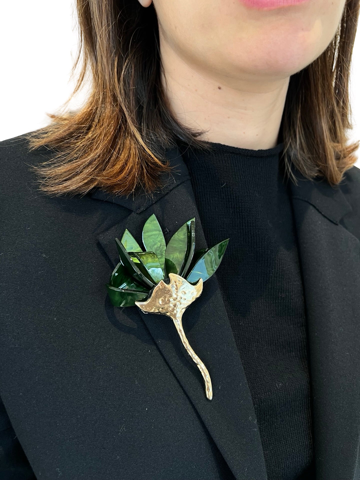 Broche Il Baco Da Seta Flor Metal Resina Verde