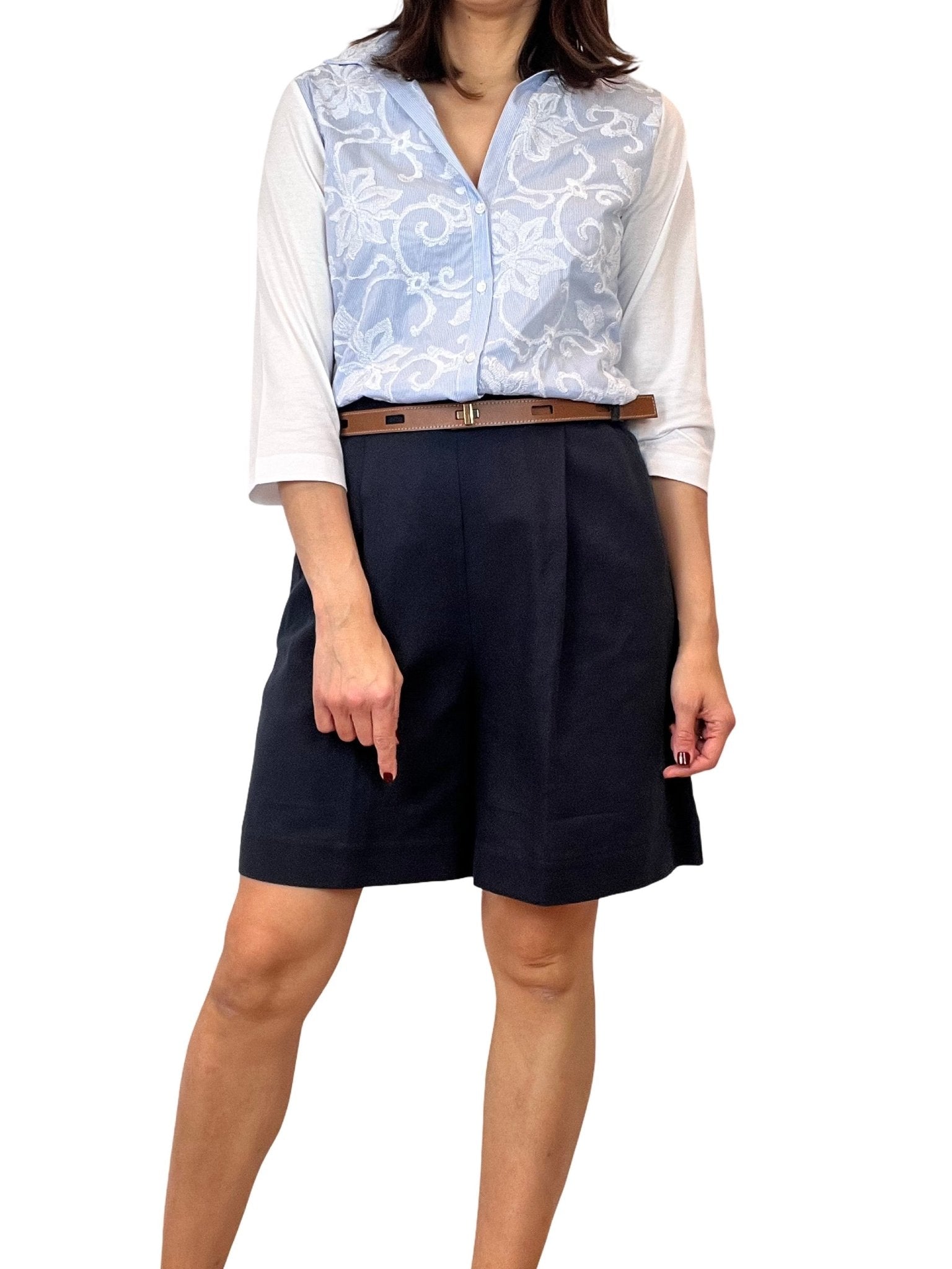 Whyci Milano Striped Embroidered French Sleeve Shirt