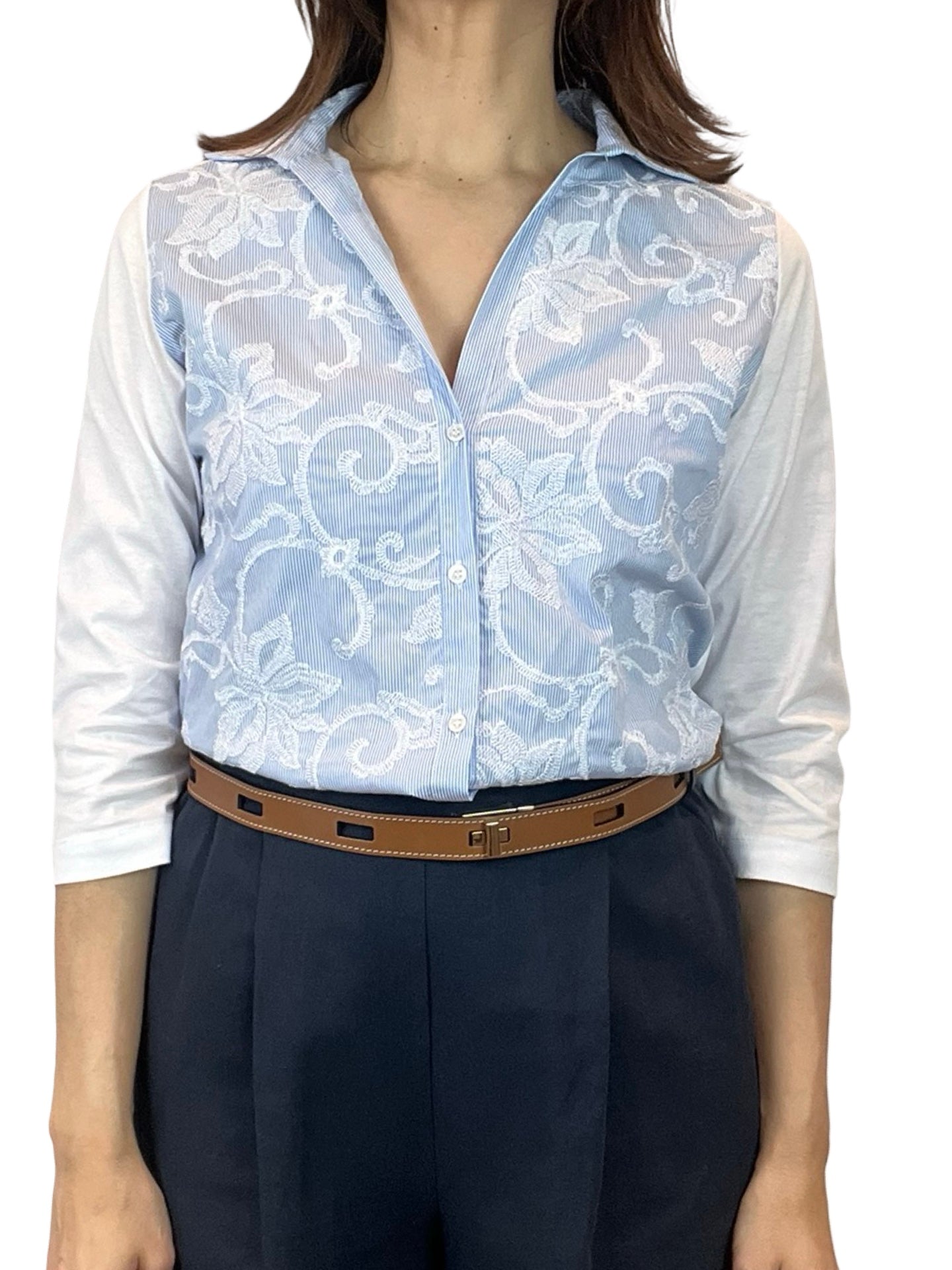 Whyci Milano Striped Embroidered French Sleeve Shirt