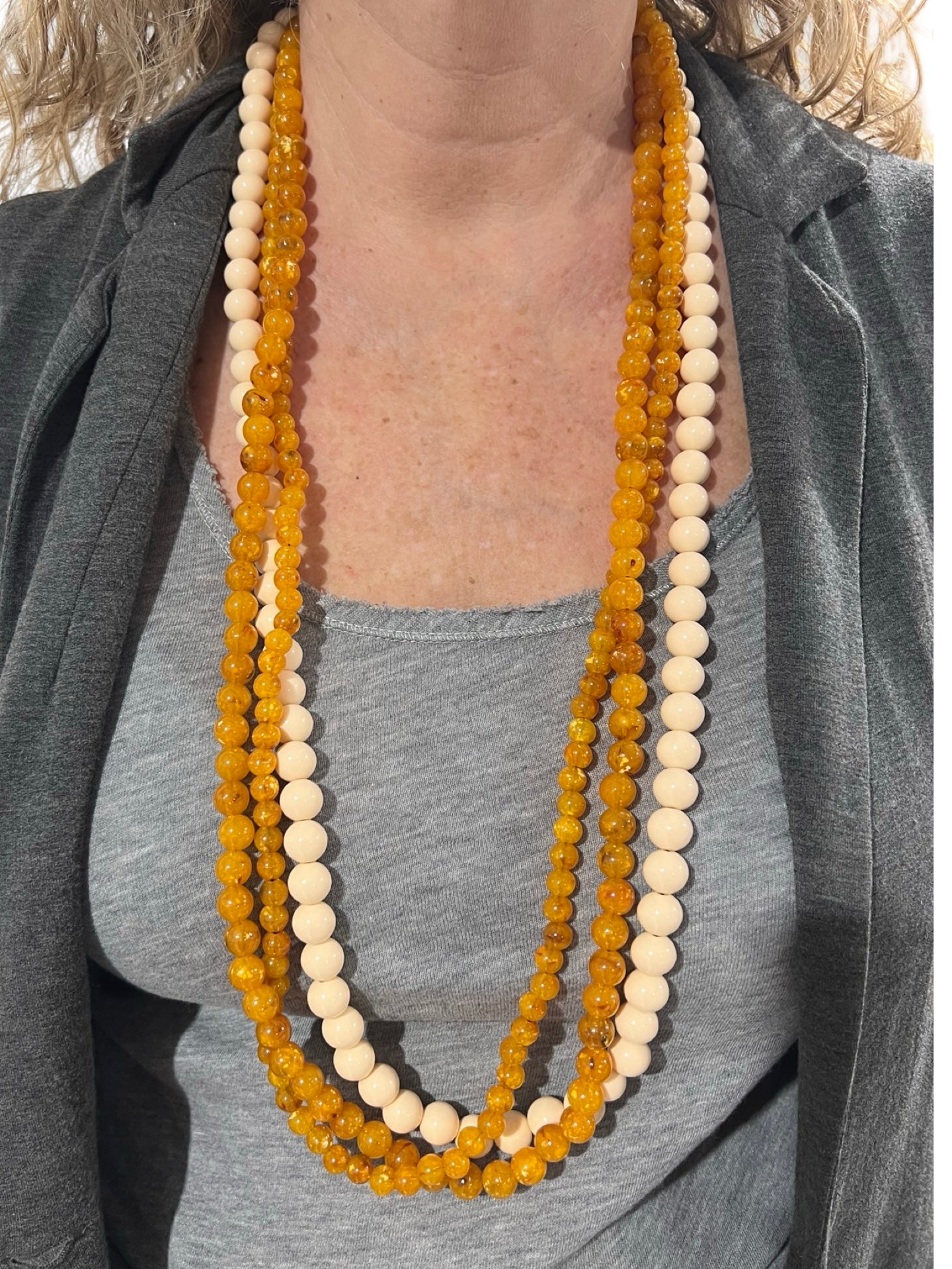 Fabrizio Marcantelli Beads Necklace 3 Bicolor Strips Ecru and Mustard