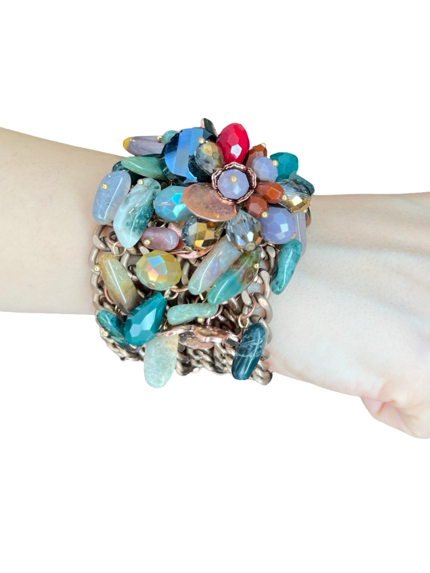 Bracelet Il Baco Da Seta Chains Flowers and Green Stones