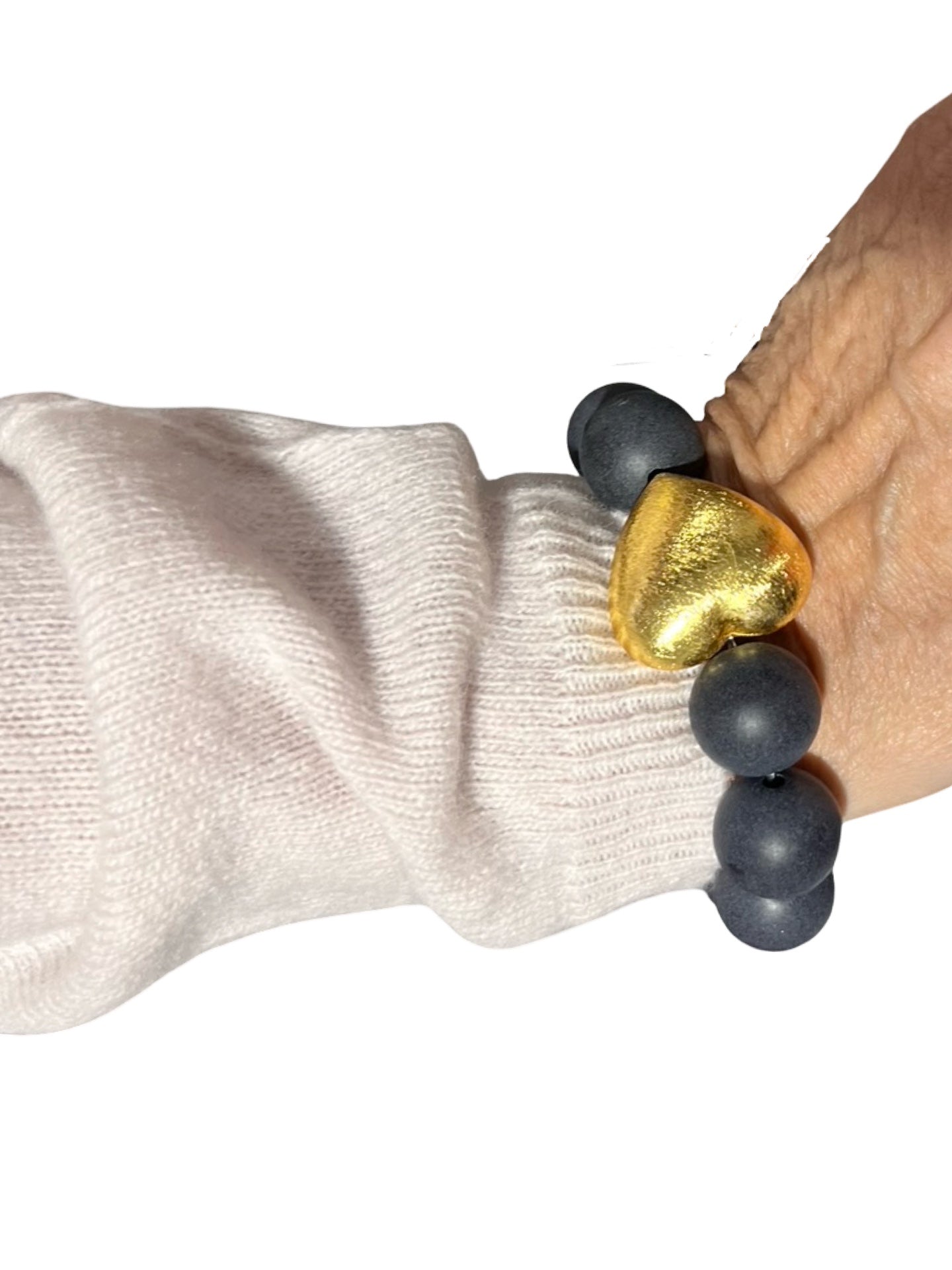 Pulsera Fabrizio Marcantelli Perlas Negra Corazon Dorado