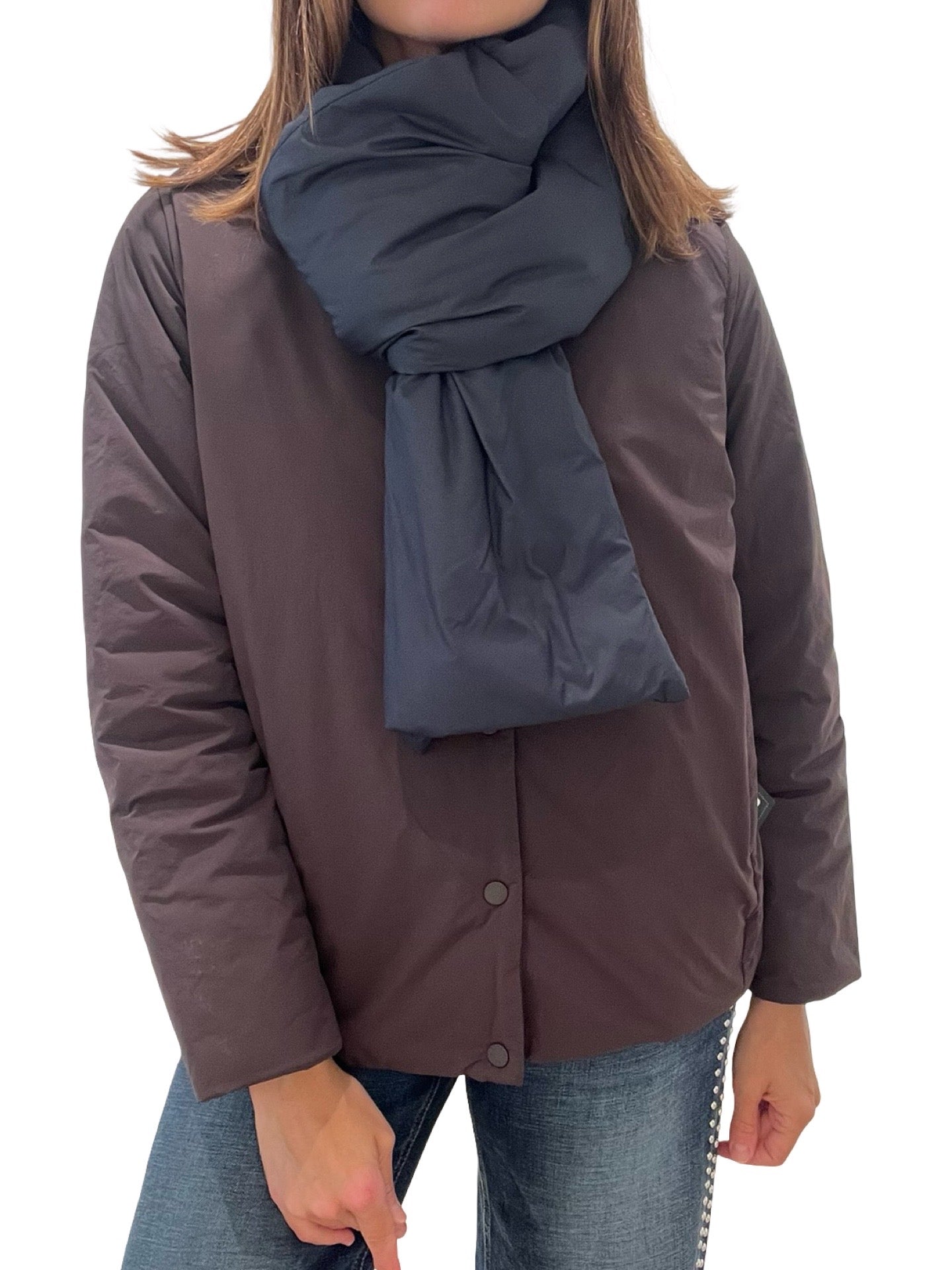 Chaqueta Ecoalf Plumas Bufanda Chocolate Reversible.