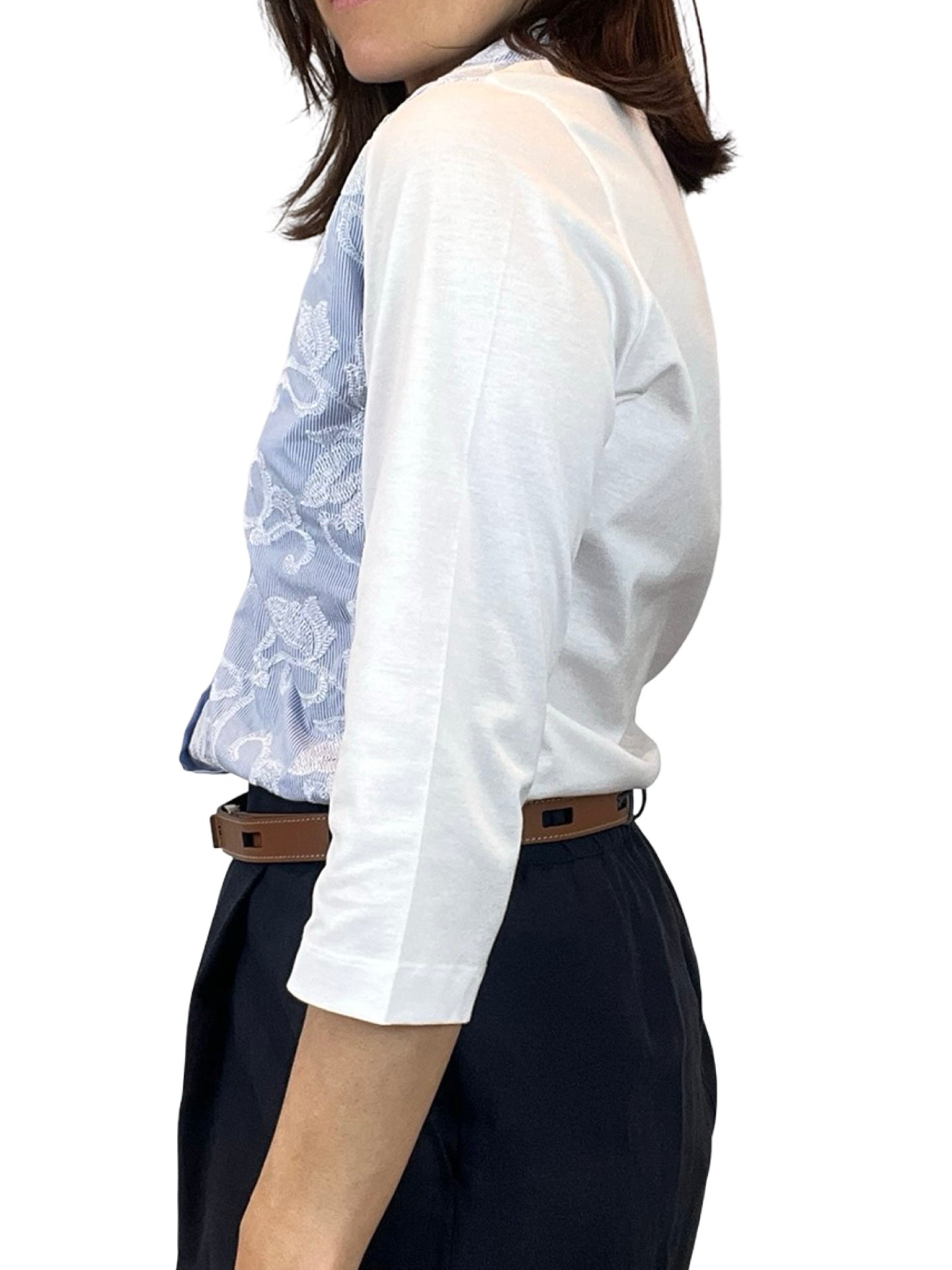 Whyci Milano Striped Embroidered French Sleeve Shirt