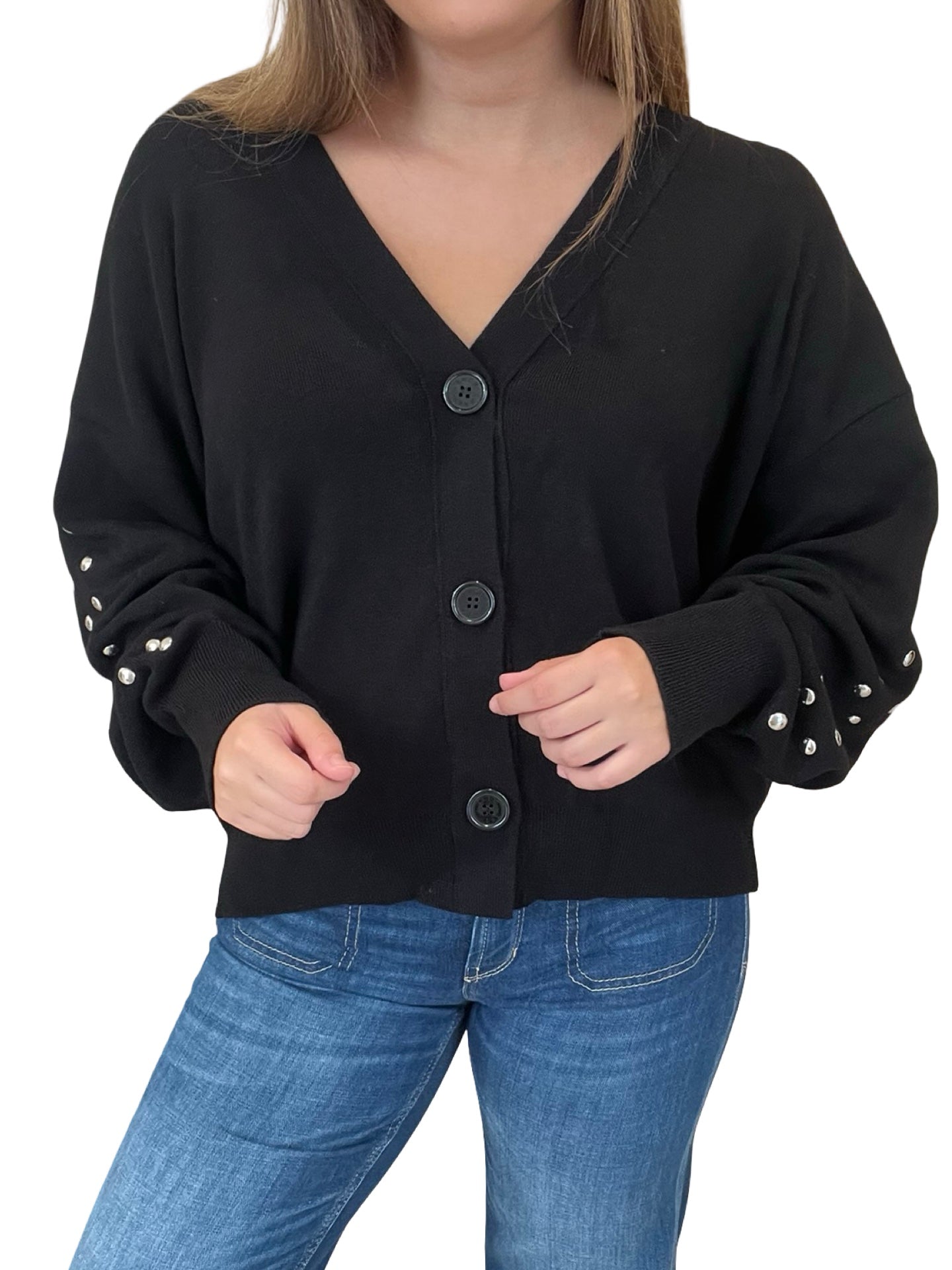 Akep Cardigan Studs Sleeves Wide V Neck