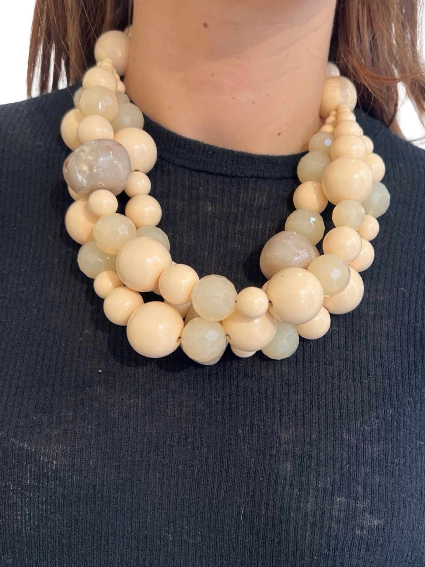 Fabrizio Marcantelli Necklace Alternating Balls 3 Strips Ecru and Stone