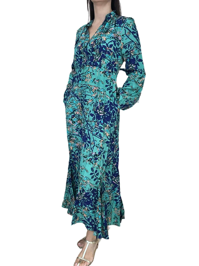 Ornaete Mao Silk Dress Turquoise Flowers